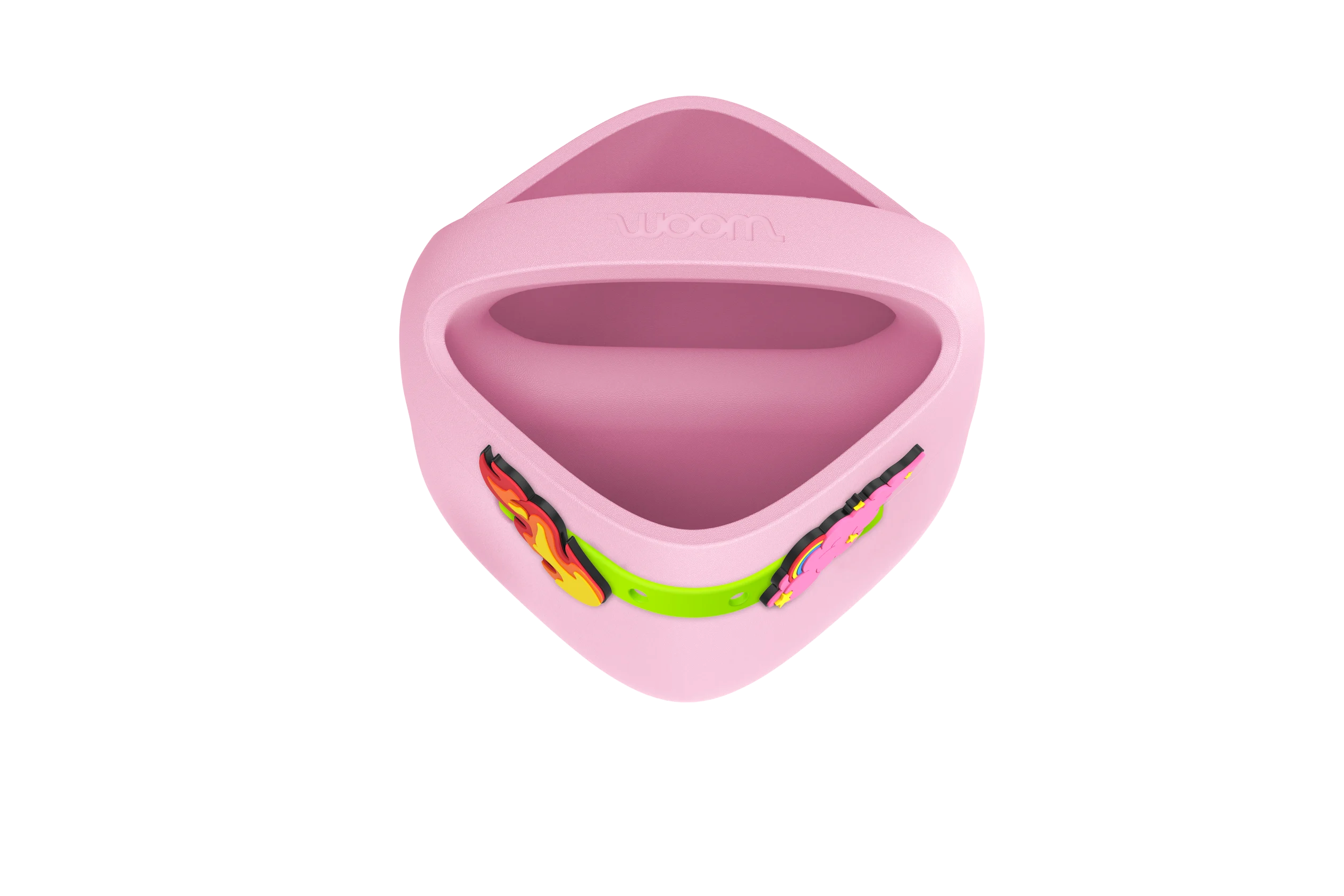 Panier de vélo woom POP violet avec sangles POP LOOPS vert fluo et POP ONS colorés en forme de flammes et de nuages.