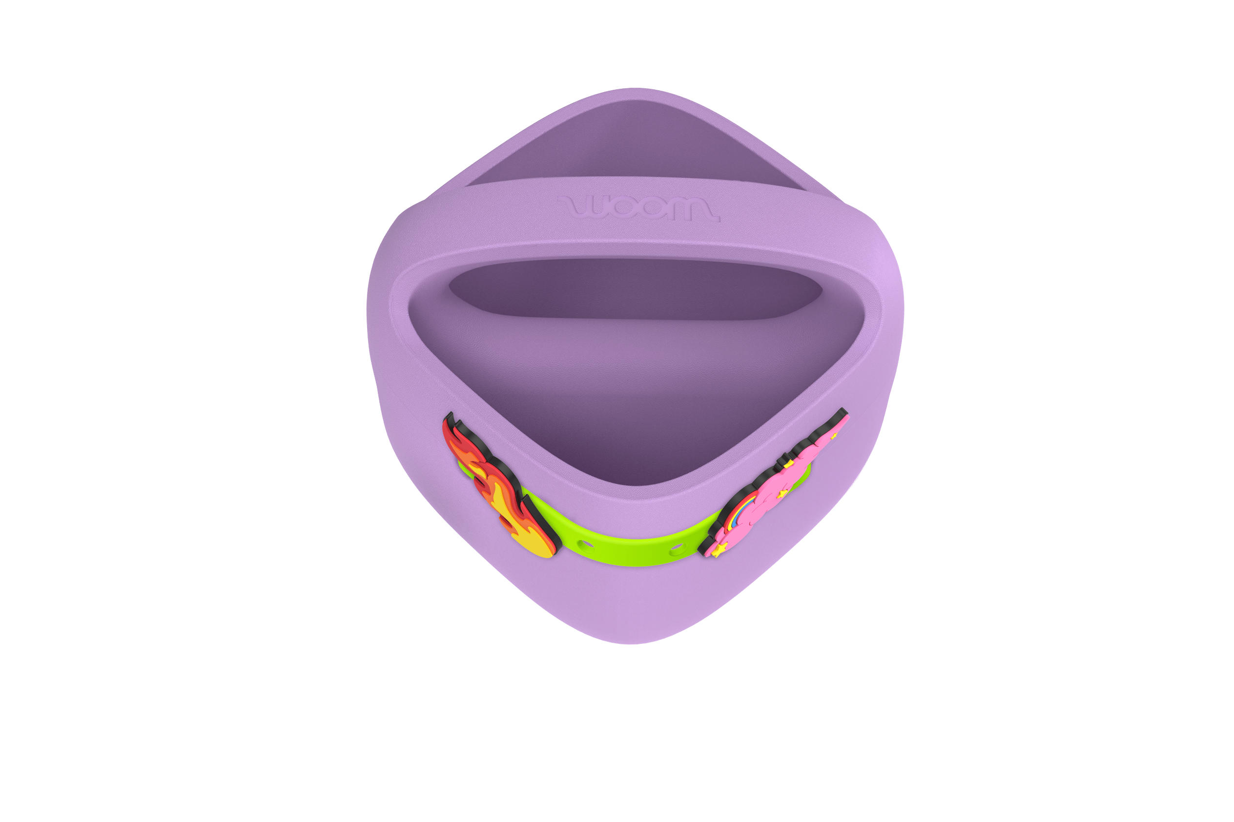 Purple woom POP Kids' Bike Basket with neon-green POP LOOPS Straps and colorful flame and cloud POP ONS charms.