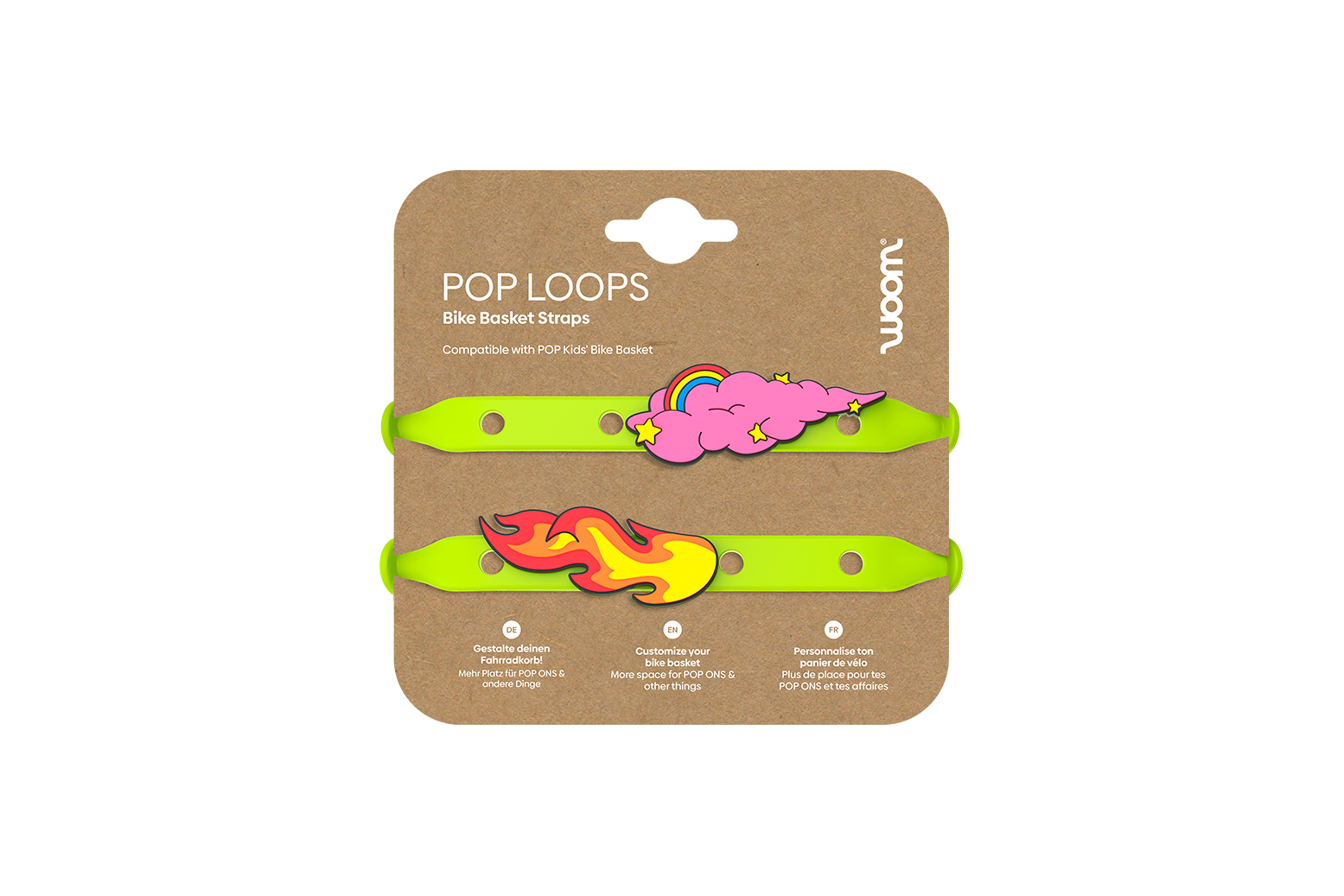 Two woom POP LOOPS Bike Basket Straps in neon green on card with pink cloud and flame POP ON charms.