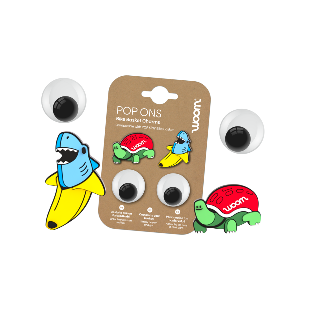 Product image of the POP ONS Bike Basket Charms in the safari set and a black-and-yellow stripey panda with wings