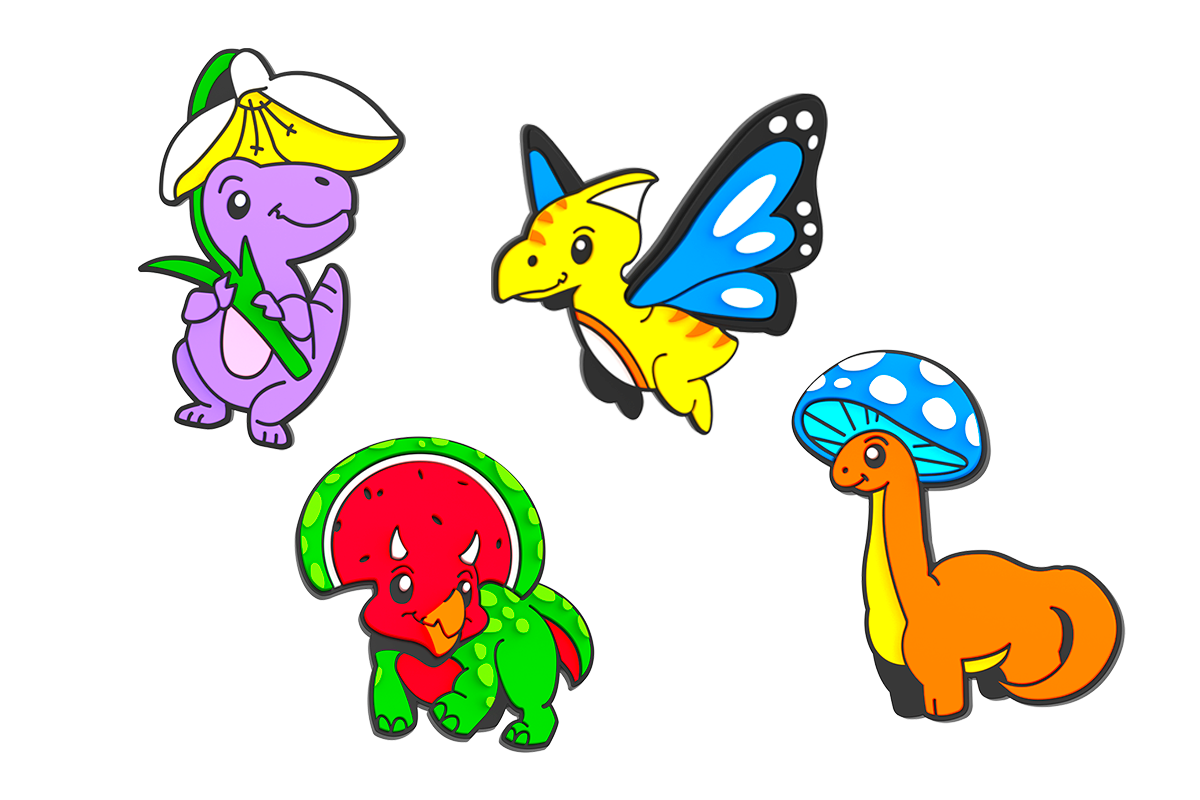 Farbenfrohes Werbebild der vier witzigen POP ONS Fahrradkorb-Anstecker