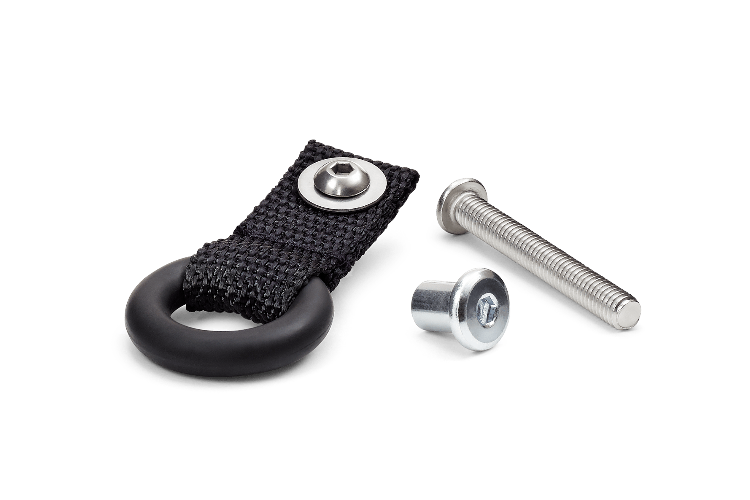 Black rubber ring with sewn black fabric band next to two silver bolts and a silver washer for woom ORIGINAL and GO bikes