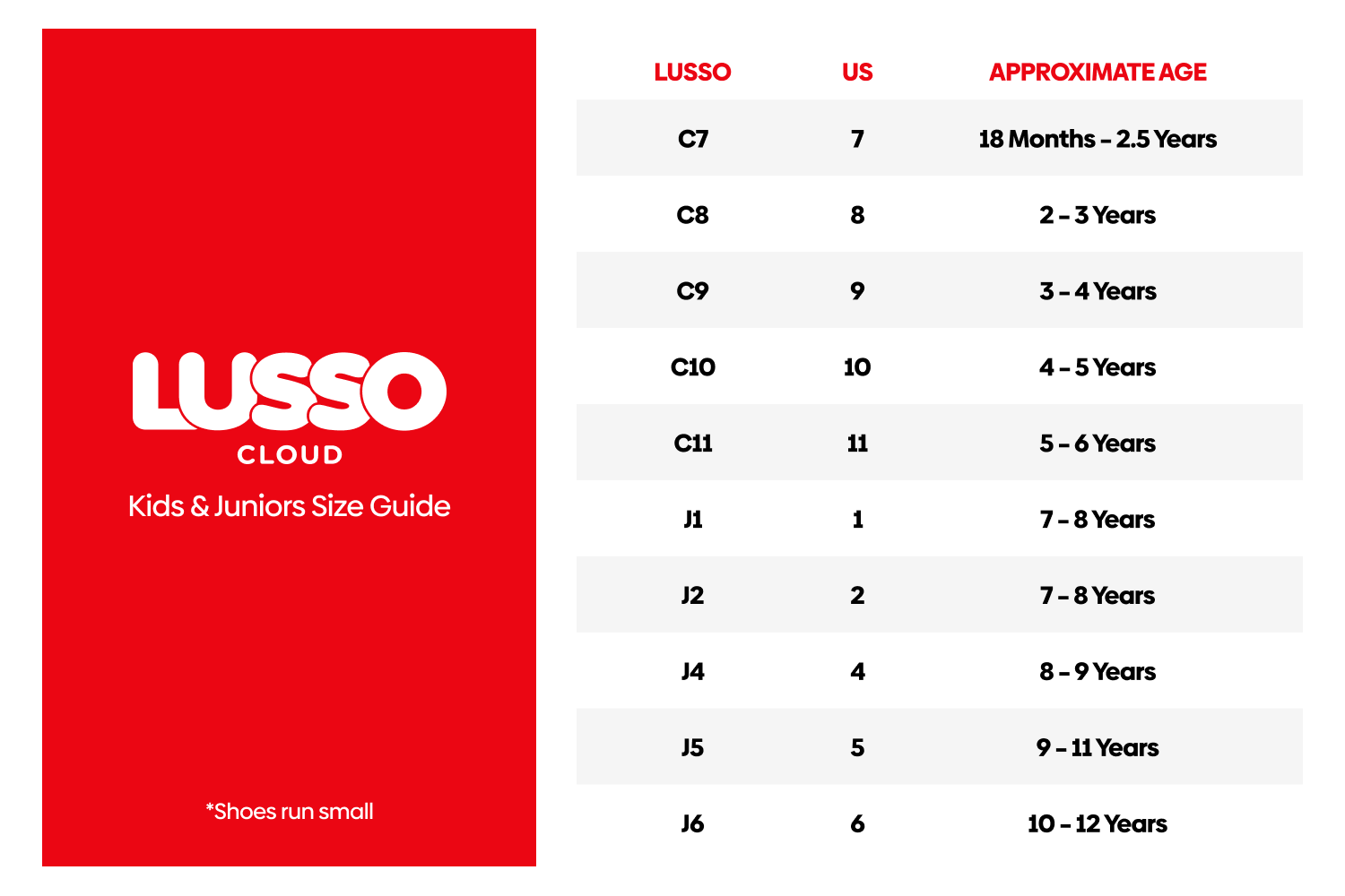 Size chart for Lusso Cloud Shoes