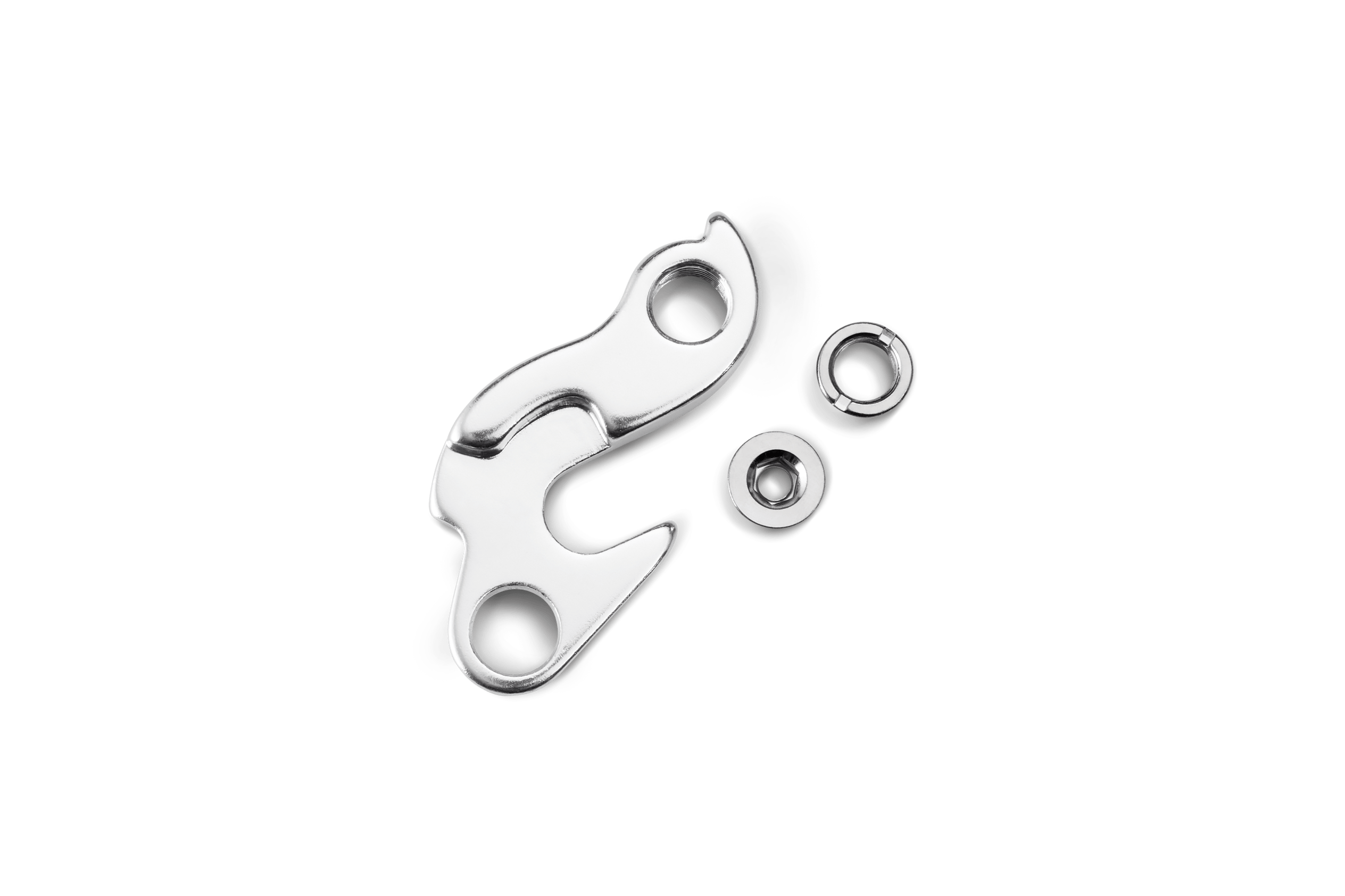 Silbernes Schaltauge, rechts daneben eine silberne Innensechskantschraube und eine silberne Mutter