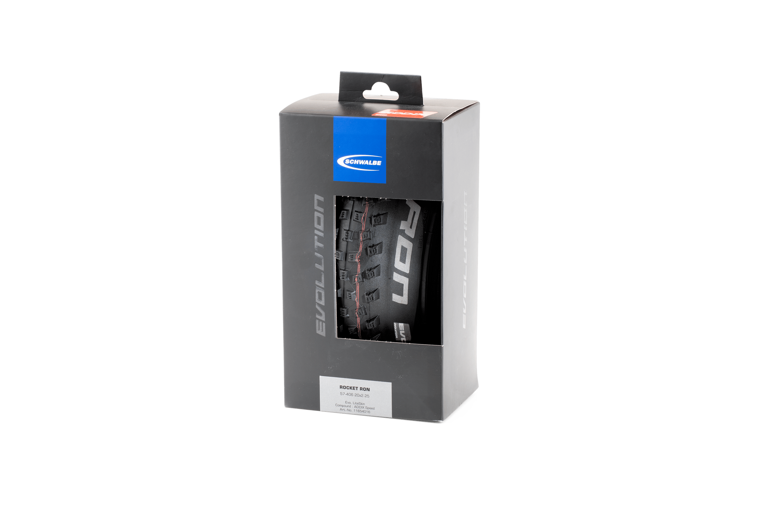 Schwalbe bike tire box for woom bikes consisting of a Black cardboard packaging with blue branding and a window showing a black treaded tire