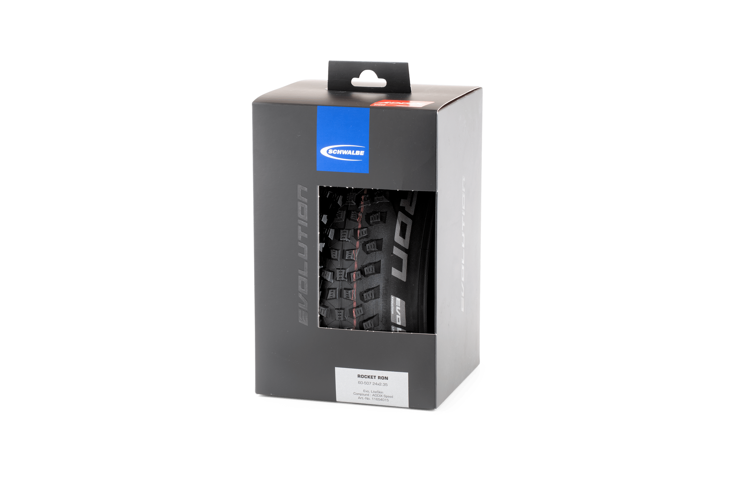 La boîte à pneus Schwalbe pour woom bikes se compose d'un emballage en carton noir avec une marque bleue et une fenêtre montrant un pneu profilé noir.