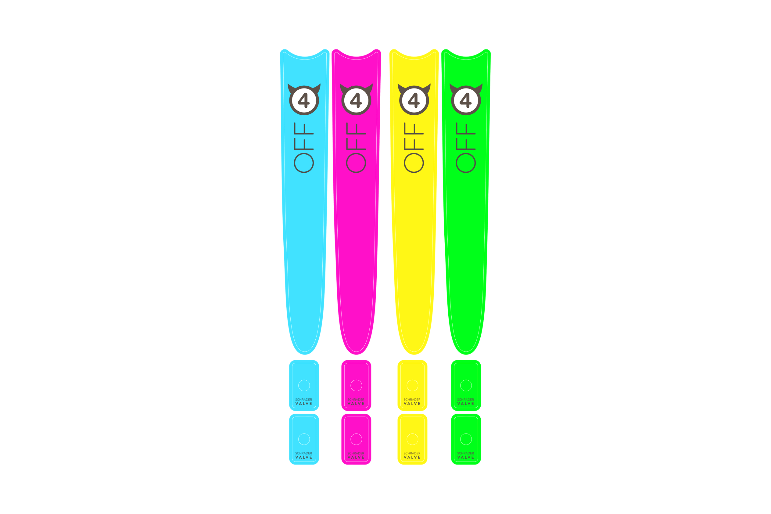 woom OFF Toptube Sticker Set in neon blue, pink, yellow, and green