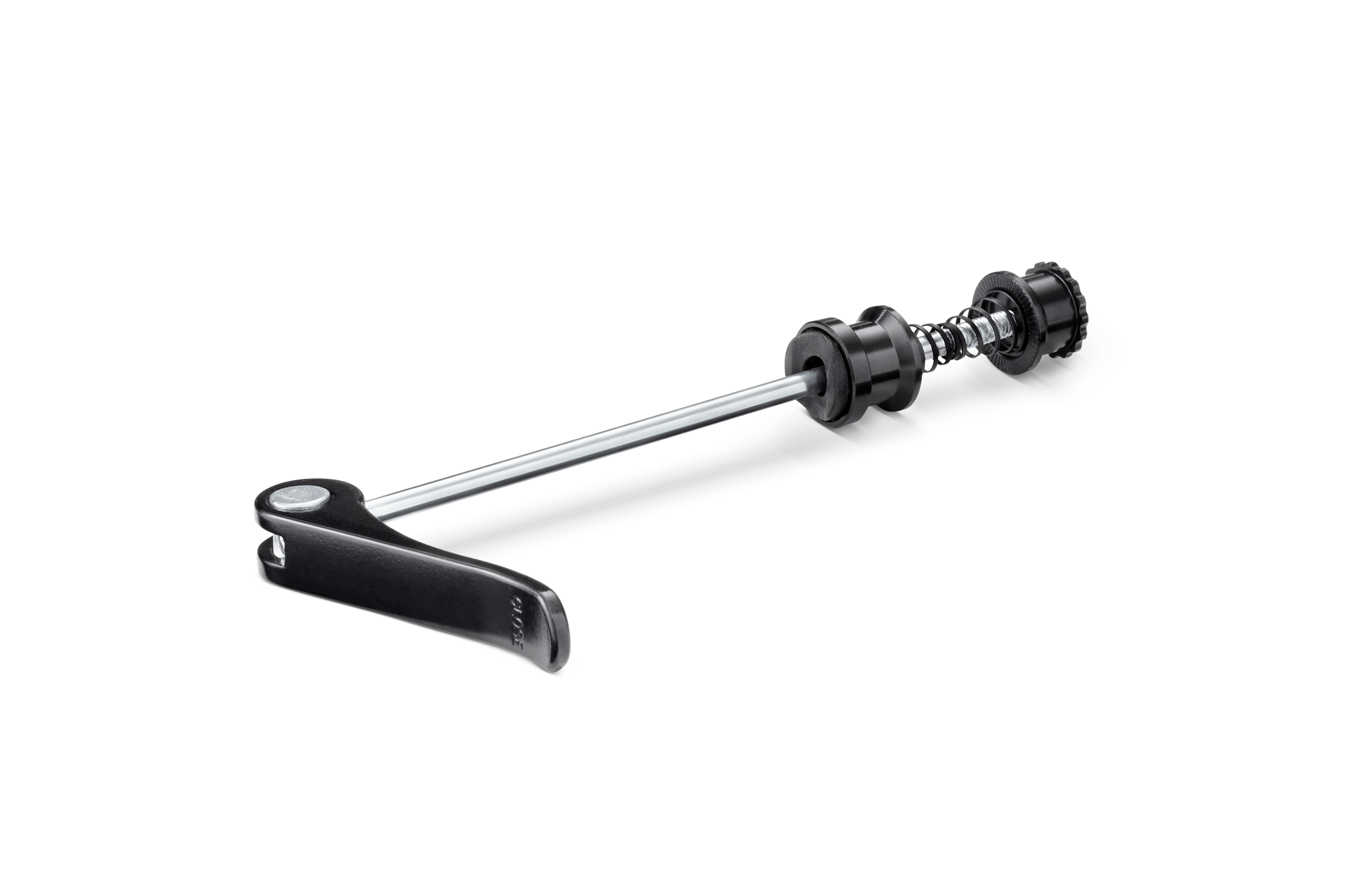 A silver quick-release skewer with black lever, nut and spring