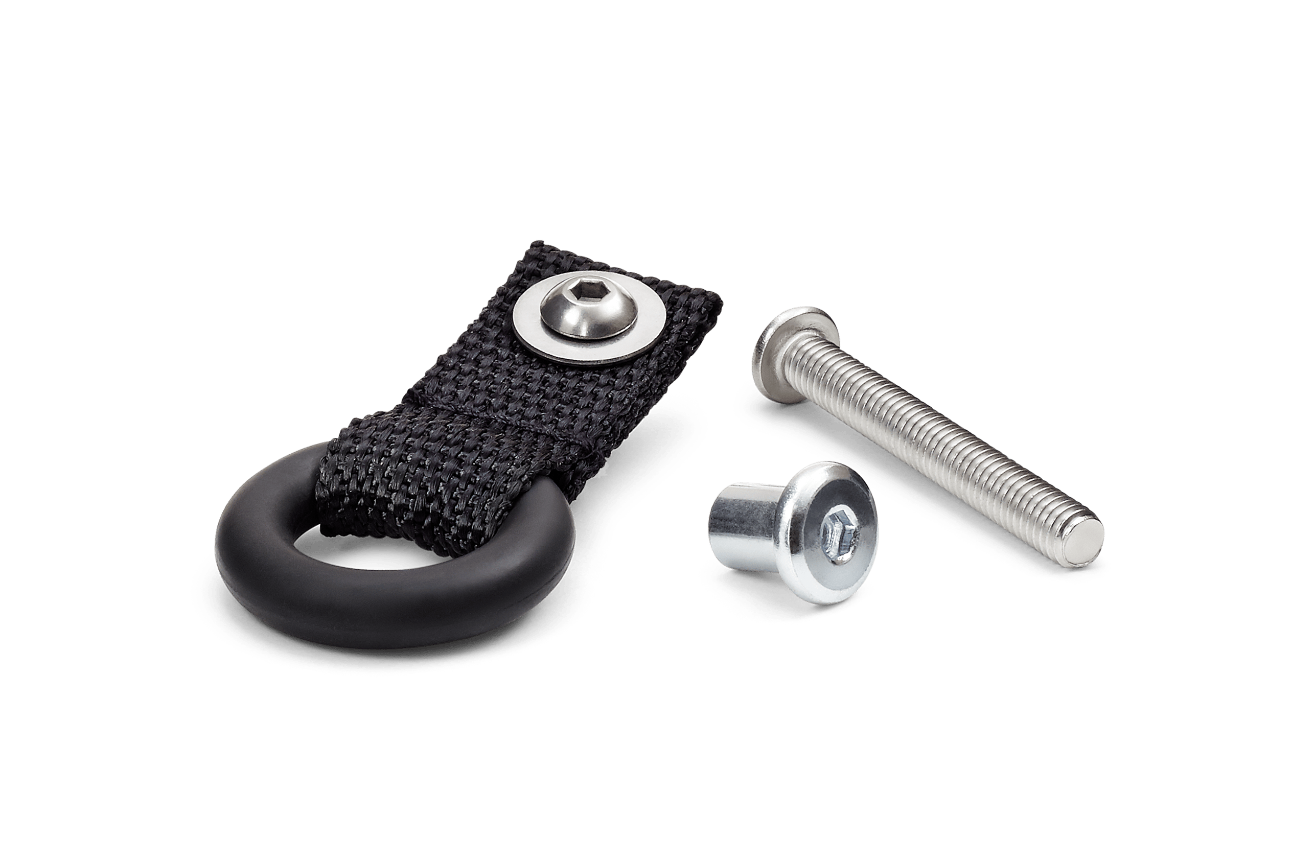 Schwarzer Gummiring mit genähtem schwarzem Stoffband neben zwei silbernen Schrauben und einer silbernen Unterlegscheibe für woom ORIGINAL und GO Kinderfahrräder.
