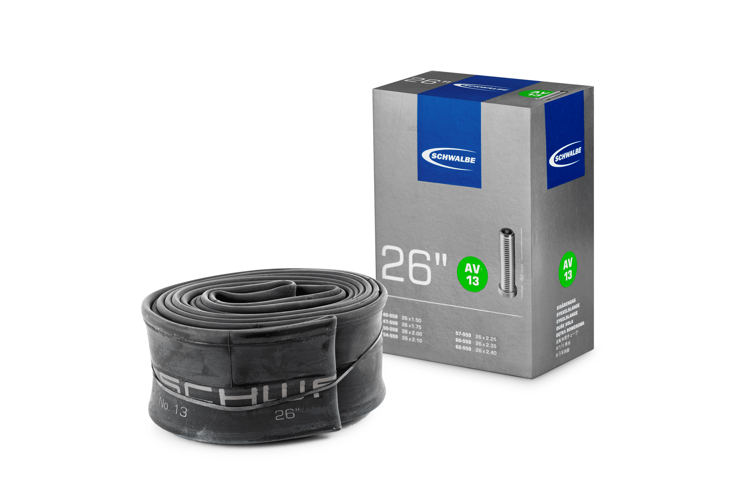 Black rolled-up inner tube on the left and gray Schwalbe cardboard packaging on the right