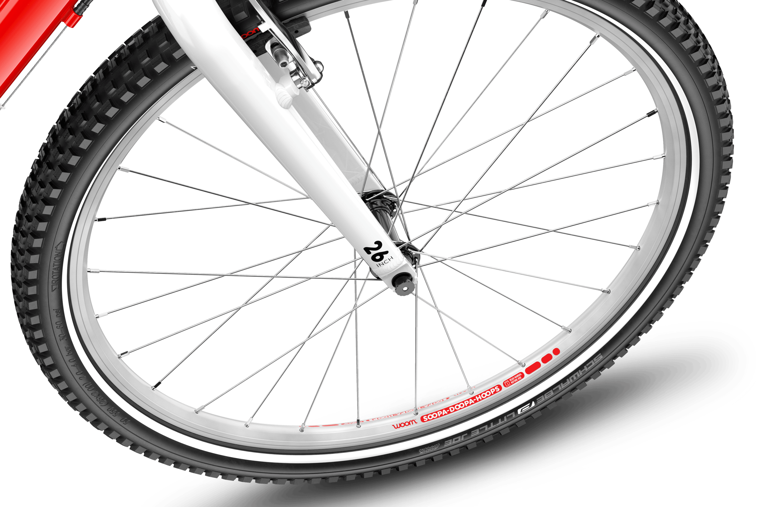 Detailed view of the front 26″ wheel on the woom ORIGINAL 6 children's bike.