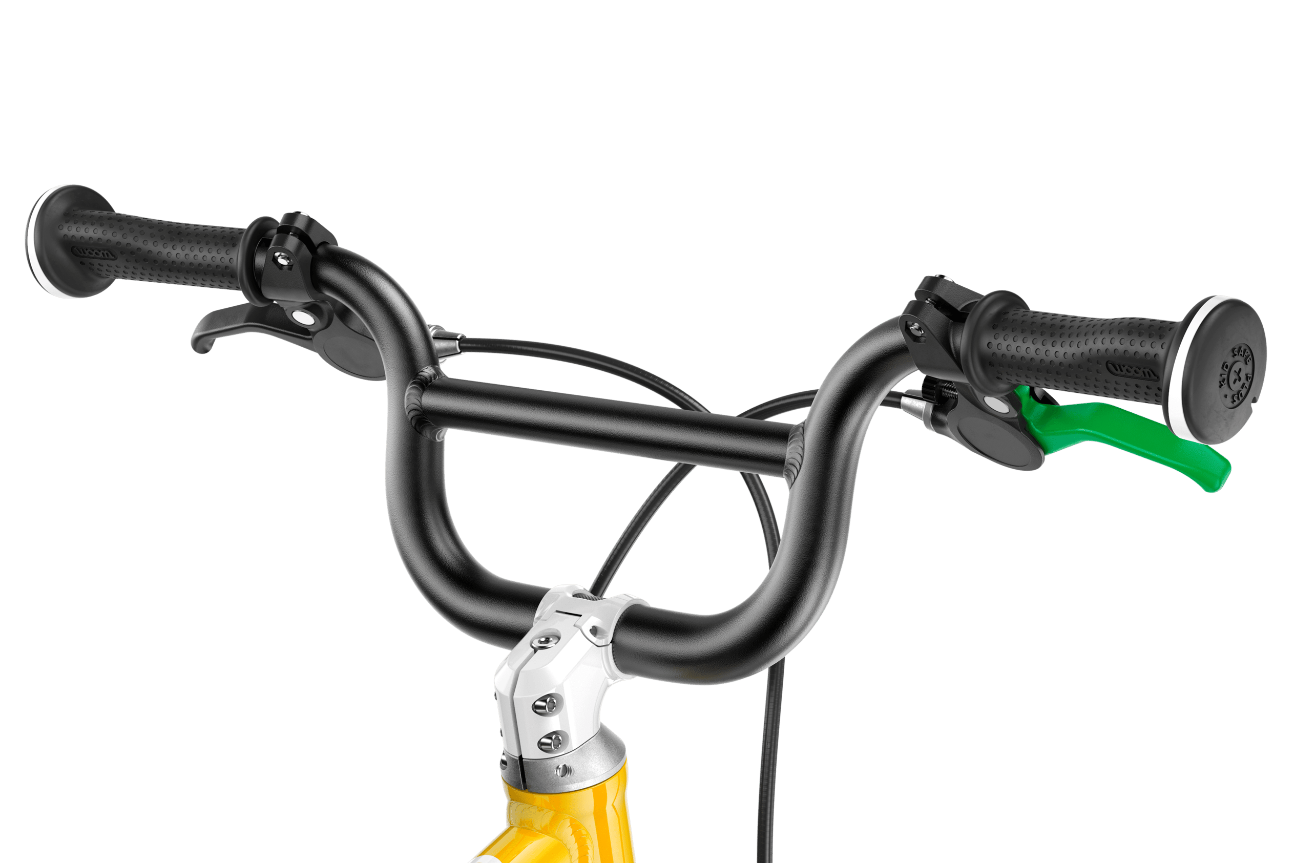 Detailed view of the stem, BMX handlebars and grips on the woom ORIGINAL 1 PLUS balance bike.