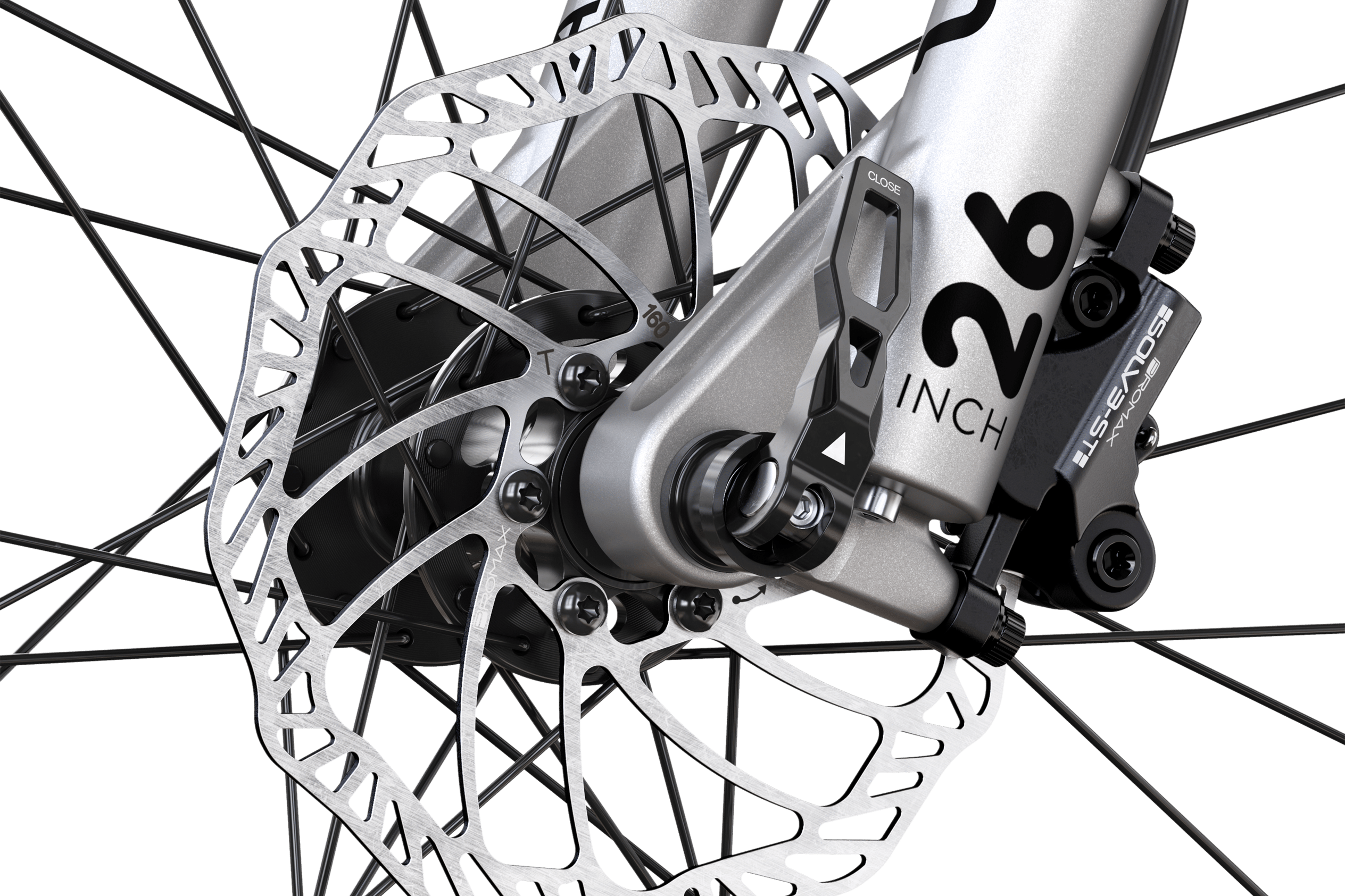 Detailed view of the front disc brake on the woom UP 6 e-mountain bike for children aged 10 years and up.