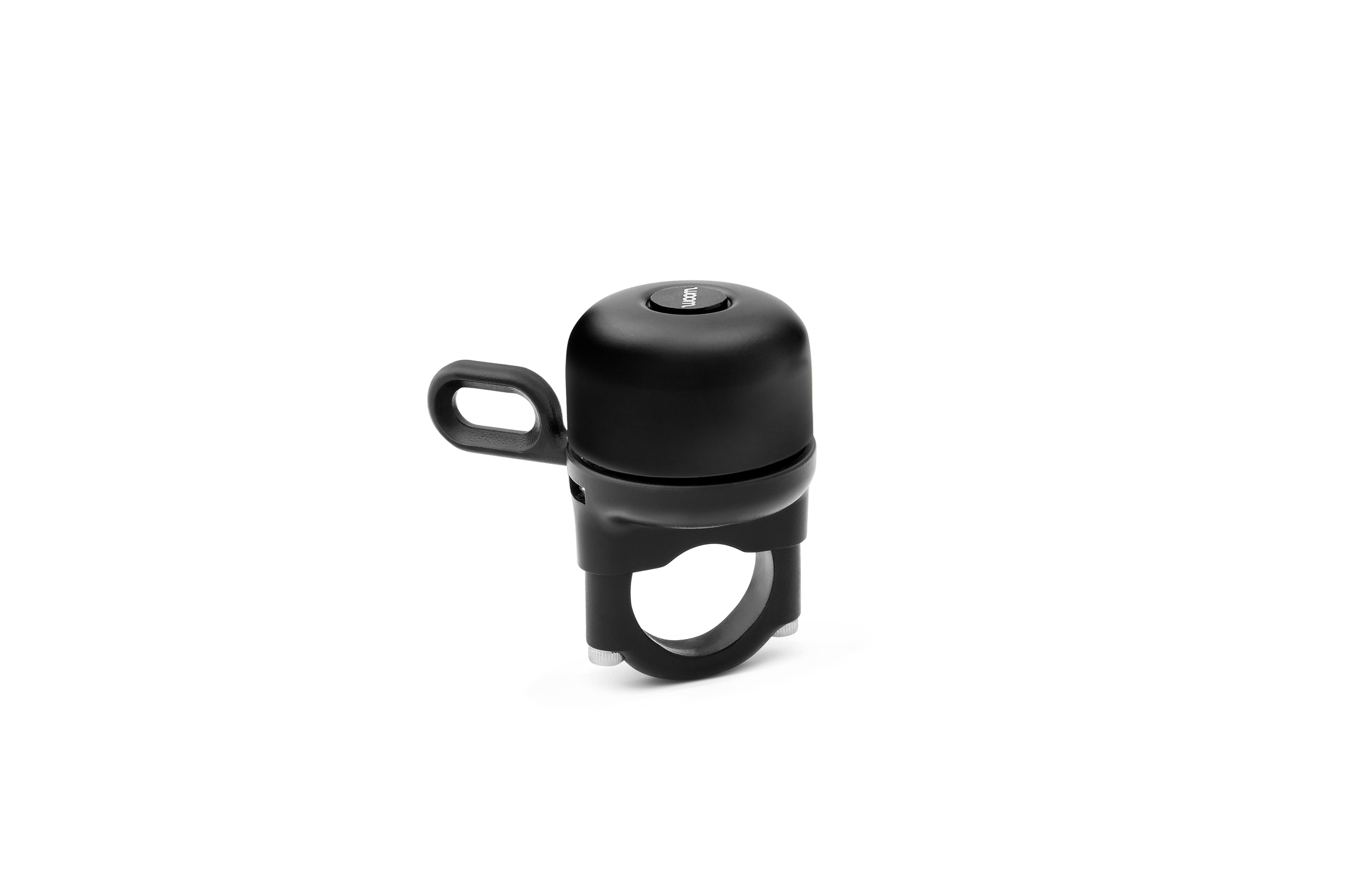 Sonnette de vélo noire avec maillet noir et support noir.