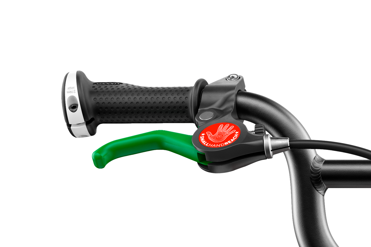 Detailed view of the green brake lever on the woom ORIGINAL 2 children's bike with 14″ wheels.