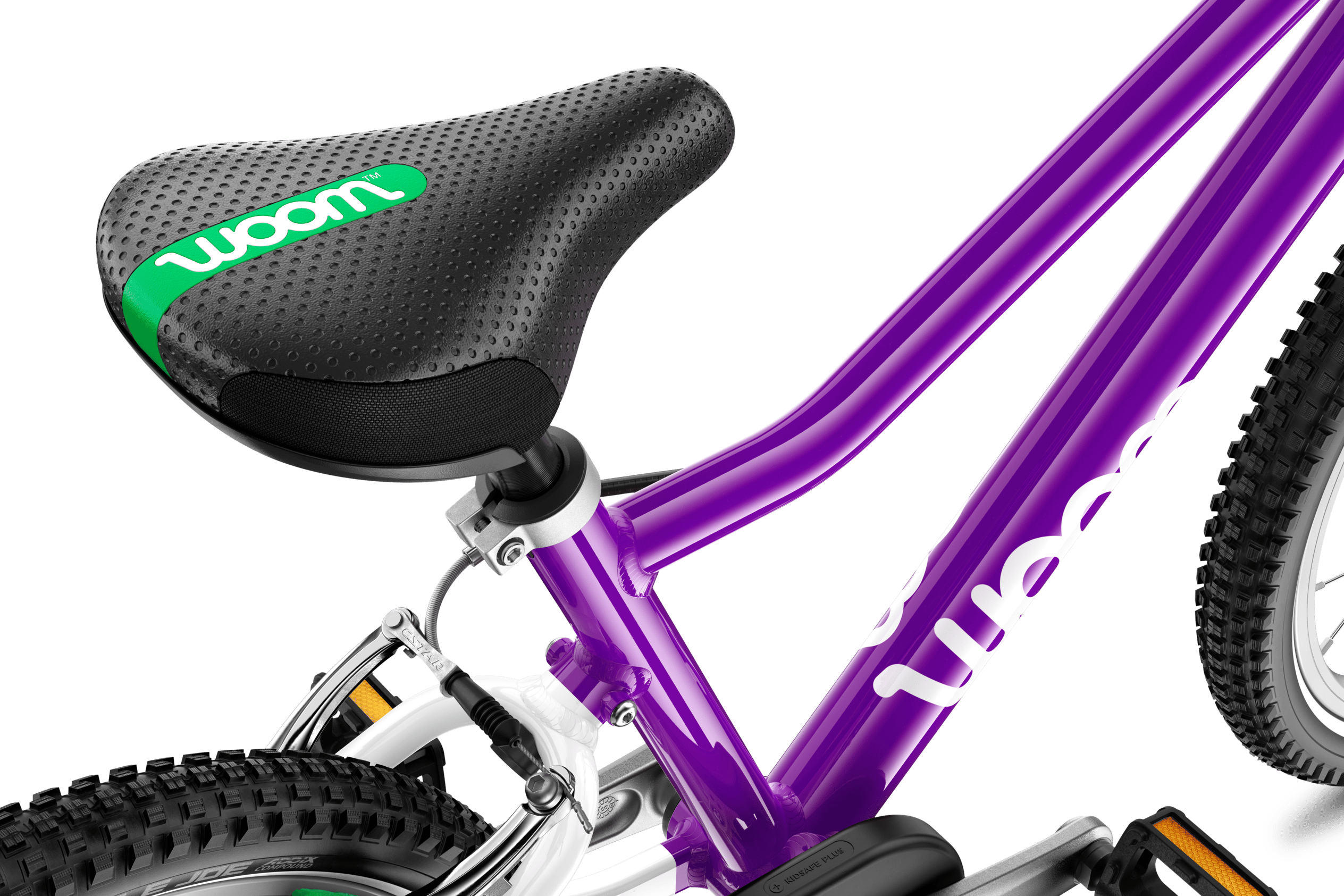 Detailed view of the saddle on the woom ORIGINAL 2 children's bike.