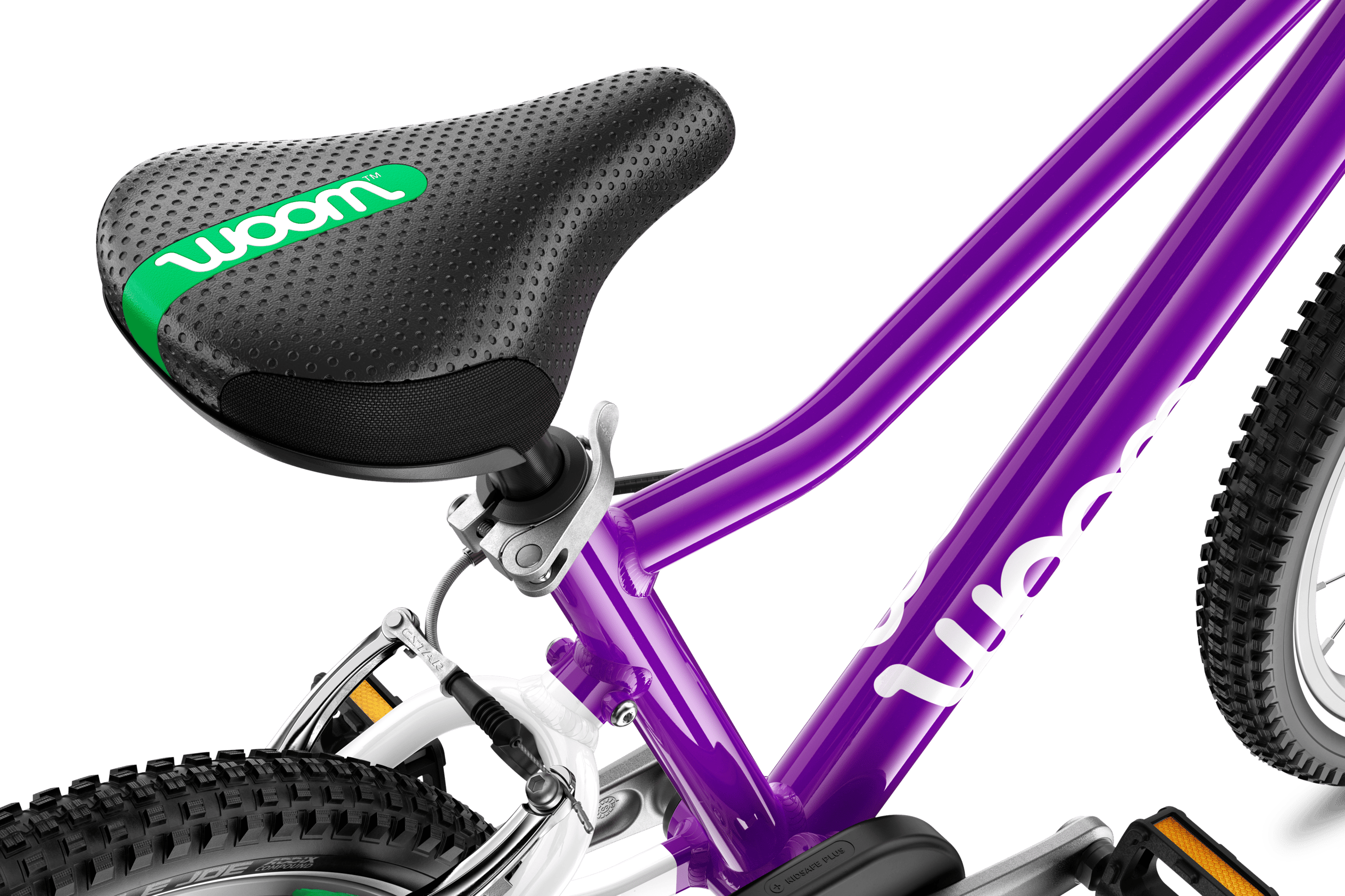 Detailed view of the saddle on the woom ORIGINAL 3 AUTOMAGIC children's bike.