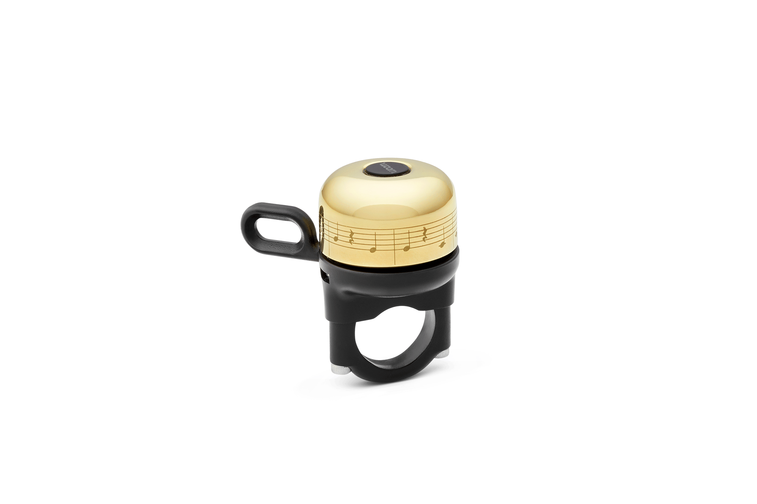 Bicycle bell featuring a golden-yellow bell body with surrounding musical notes, black striker, and black mount.