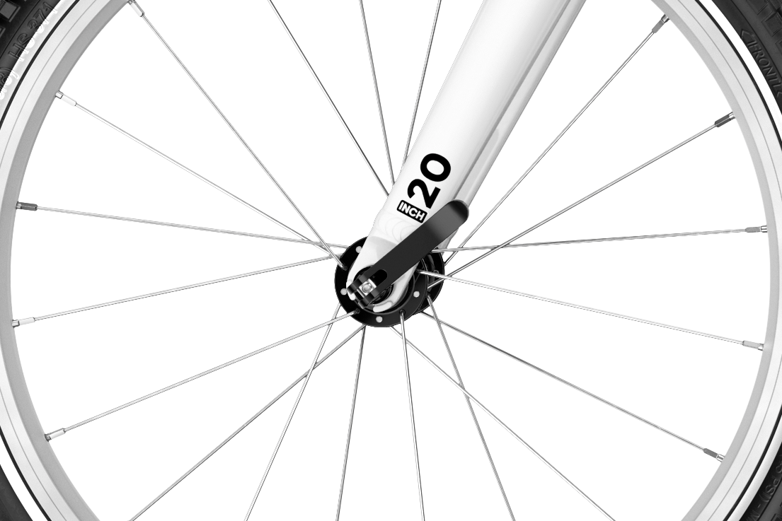 Detailed view of the quick-release skewer for the front wheel on the woom ORIGINAL 4 children's bike with 20″ wheels.