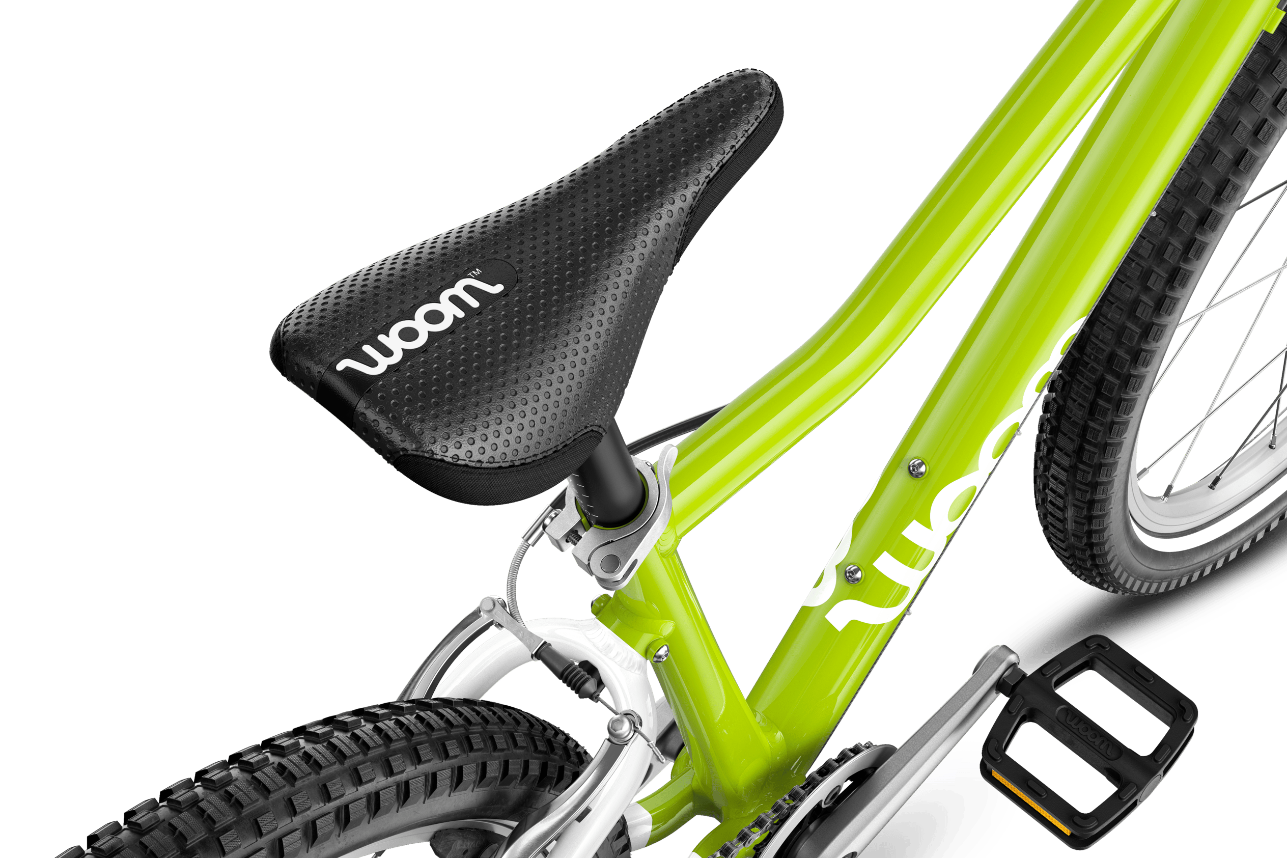 Detailed view of the saddle on the woom ORIGINAL 4 children's bike.