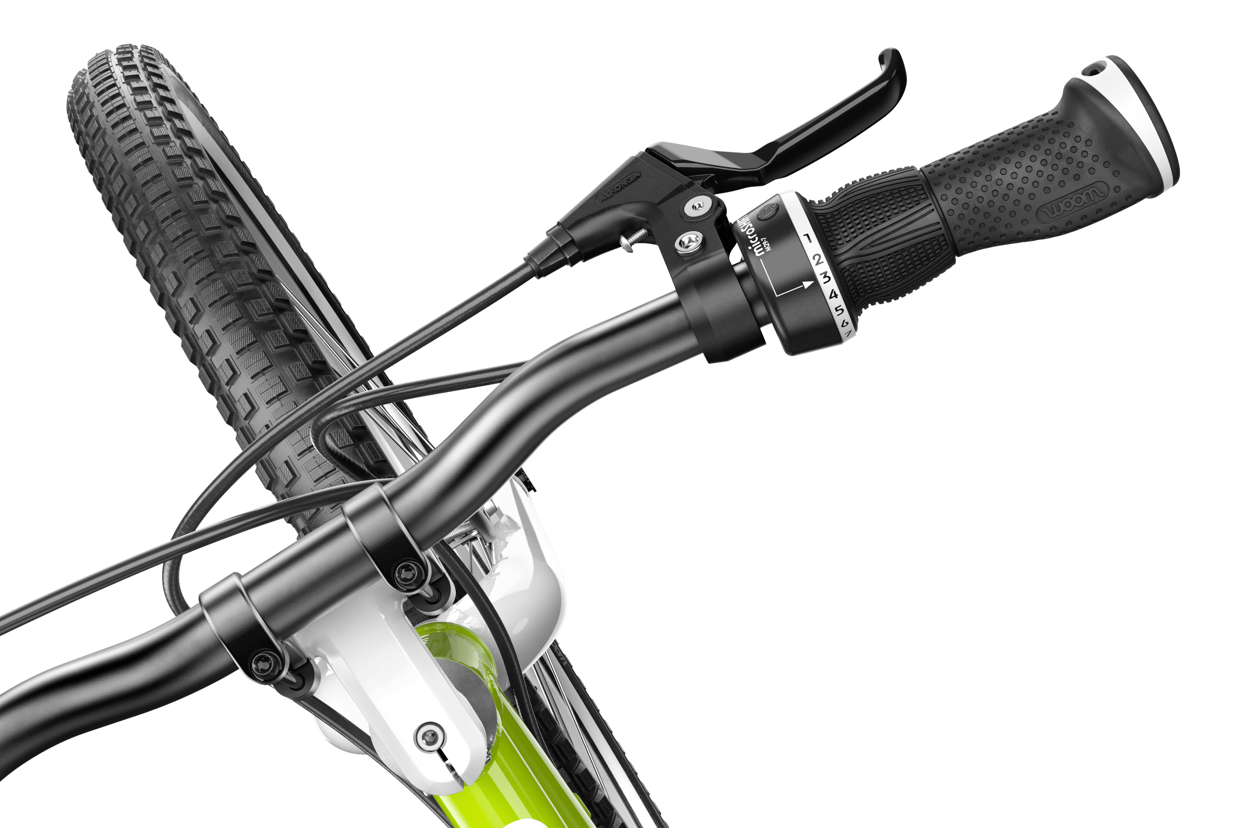 Detailed view of the twist shifter on the woom ORIGINAL 4 children's bike.