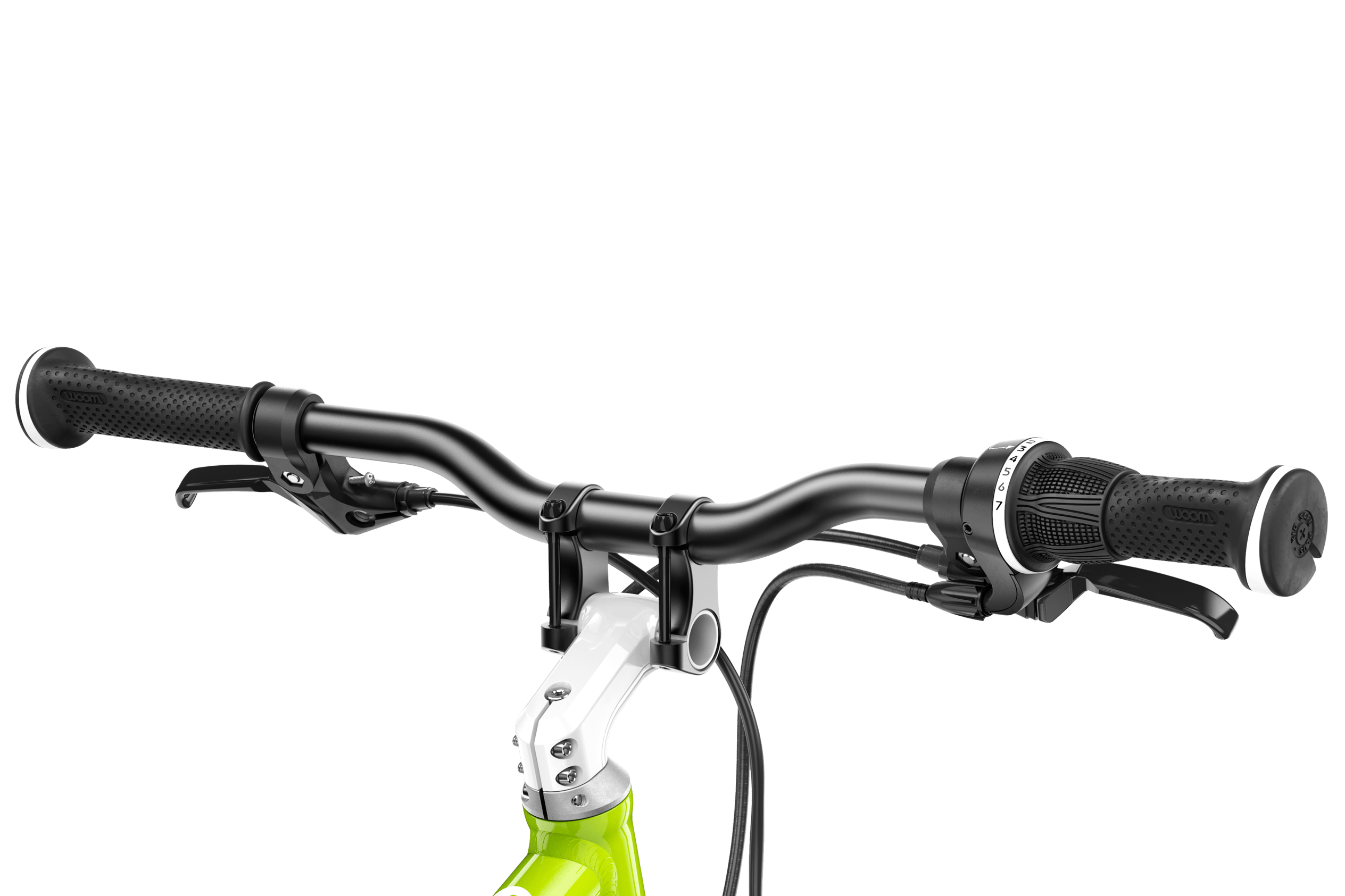 Detailed view of the stem, handlebars and grips on the woom ORIGINAL 4 children's bike.