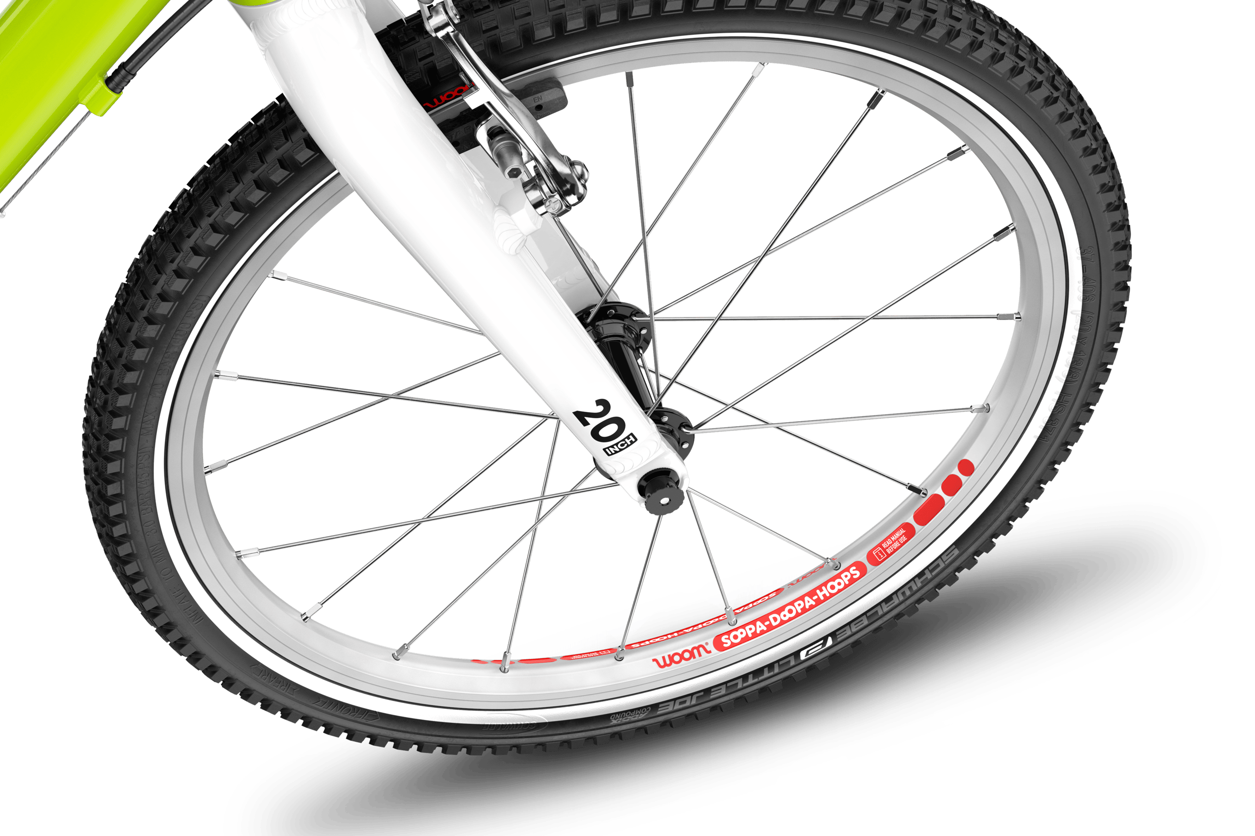 Detailed view of the front 20″ wheel on the woom ORIGINAL 4 children's bike.