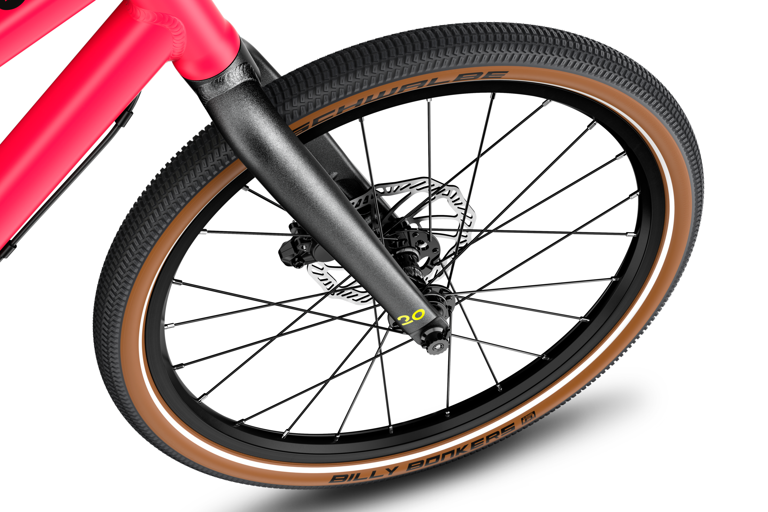 Detailansicht des 20-Zoll-Vorderrads am woom EXPLORE 4 Kinderfahrrad.