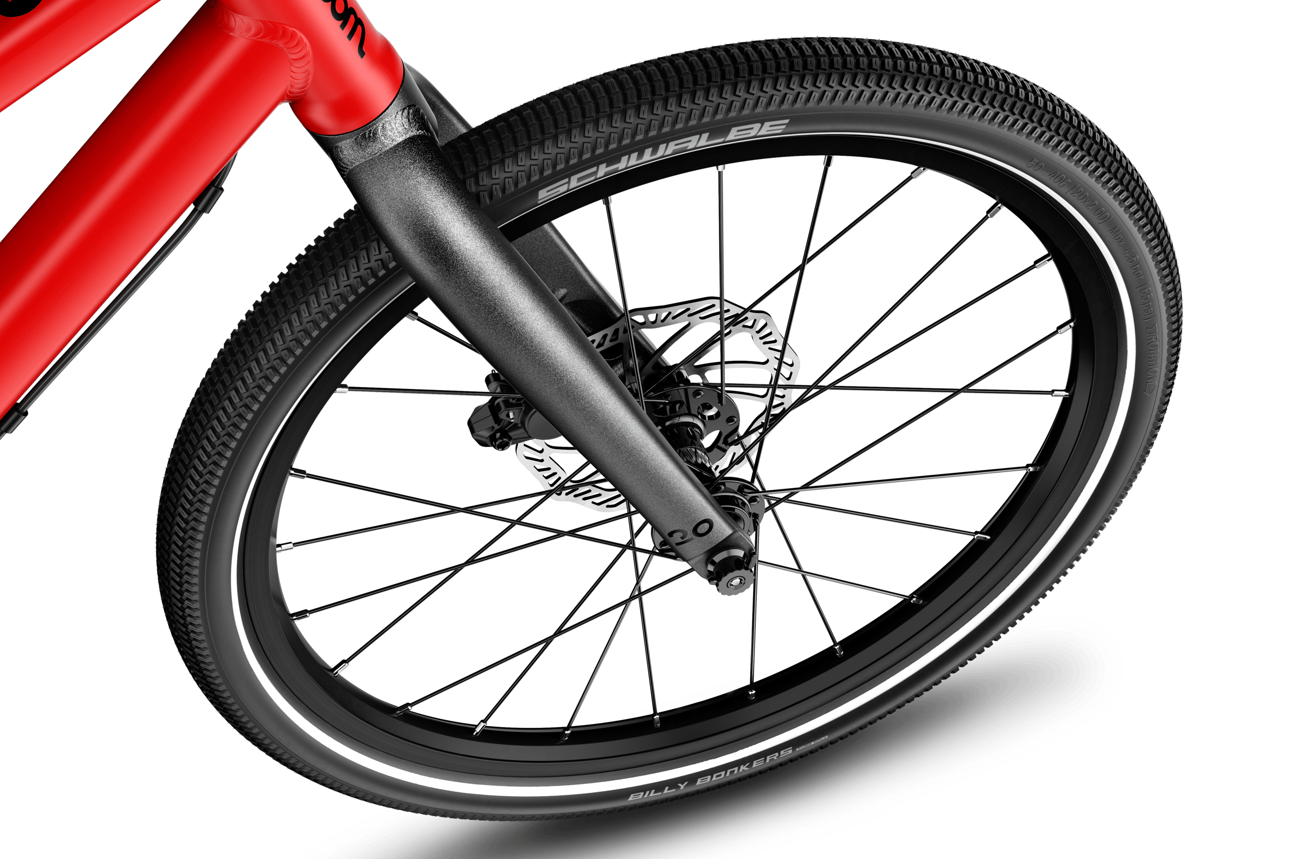 Detailansicht des 20-Zoll-Vorderrads am woom EXPLORE 4 Kinderfahrrad.
