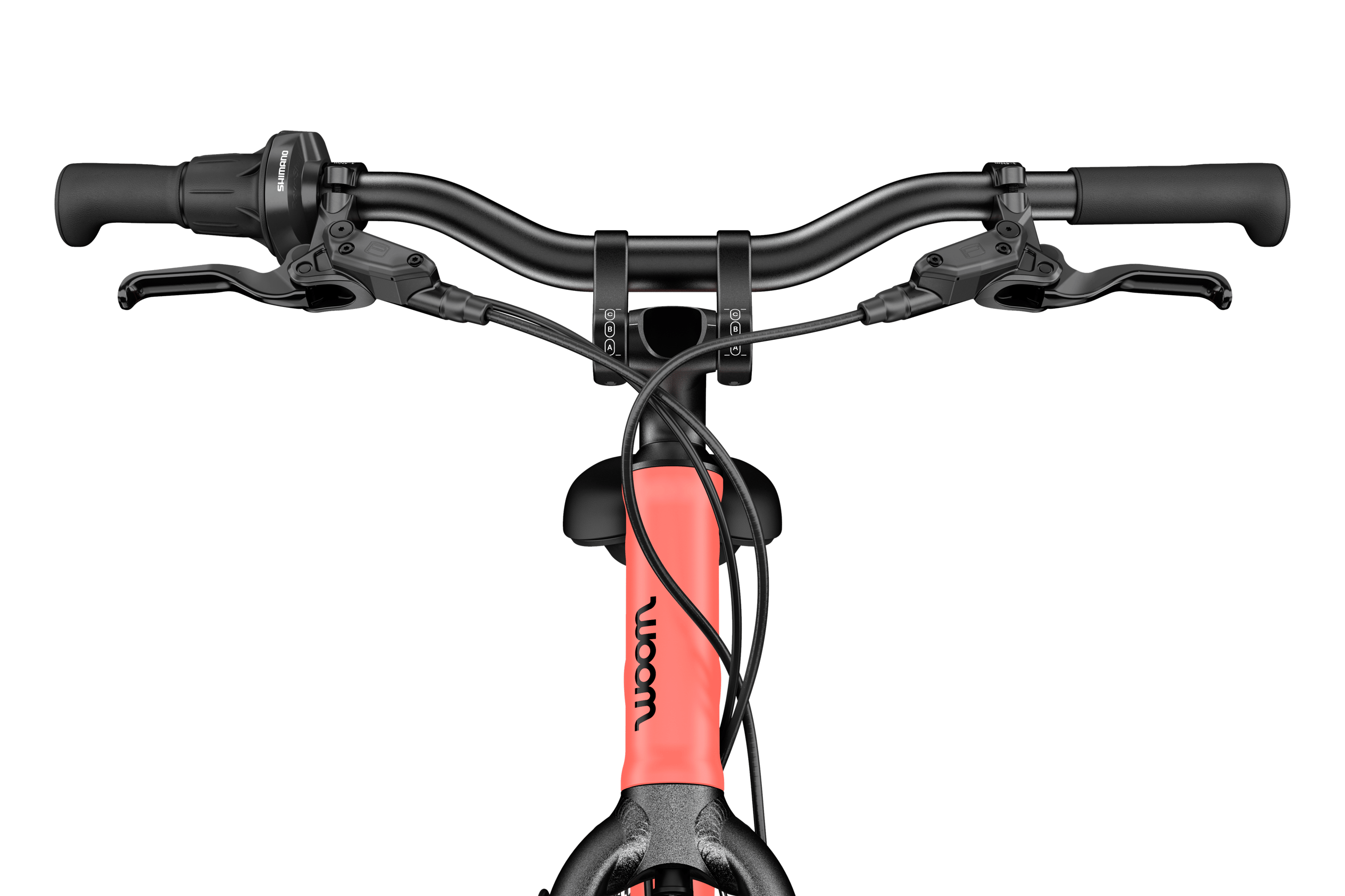Front detailed view of the head tube, stem, handlebars and grips on the woom EXPLORE 4 children's bike.