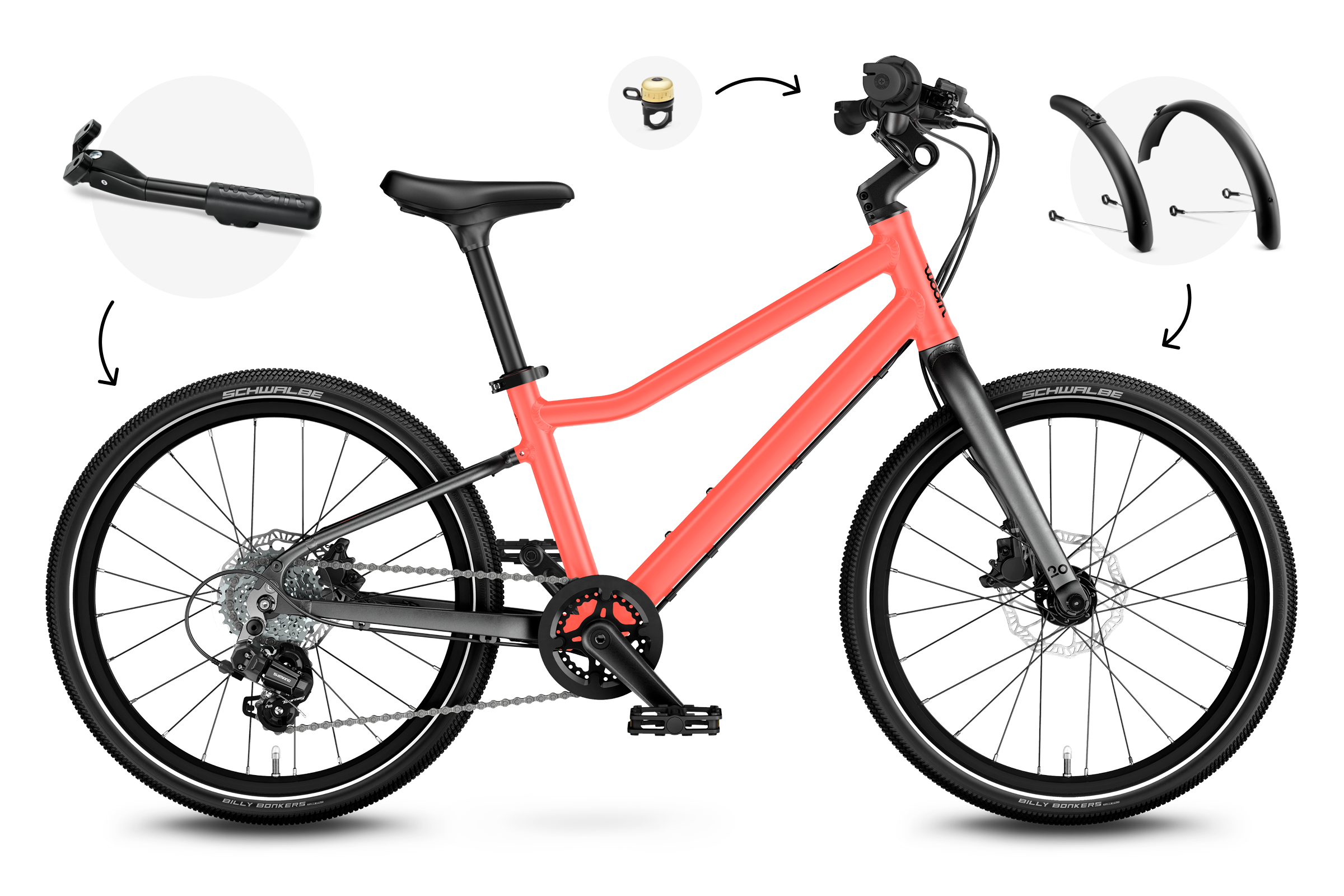 Side front view of the woom EXPLORE 4 bike for children aged 6 years and up.