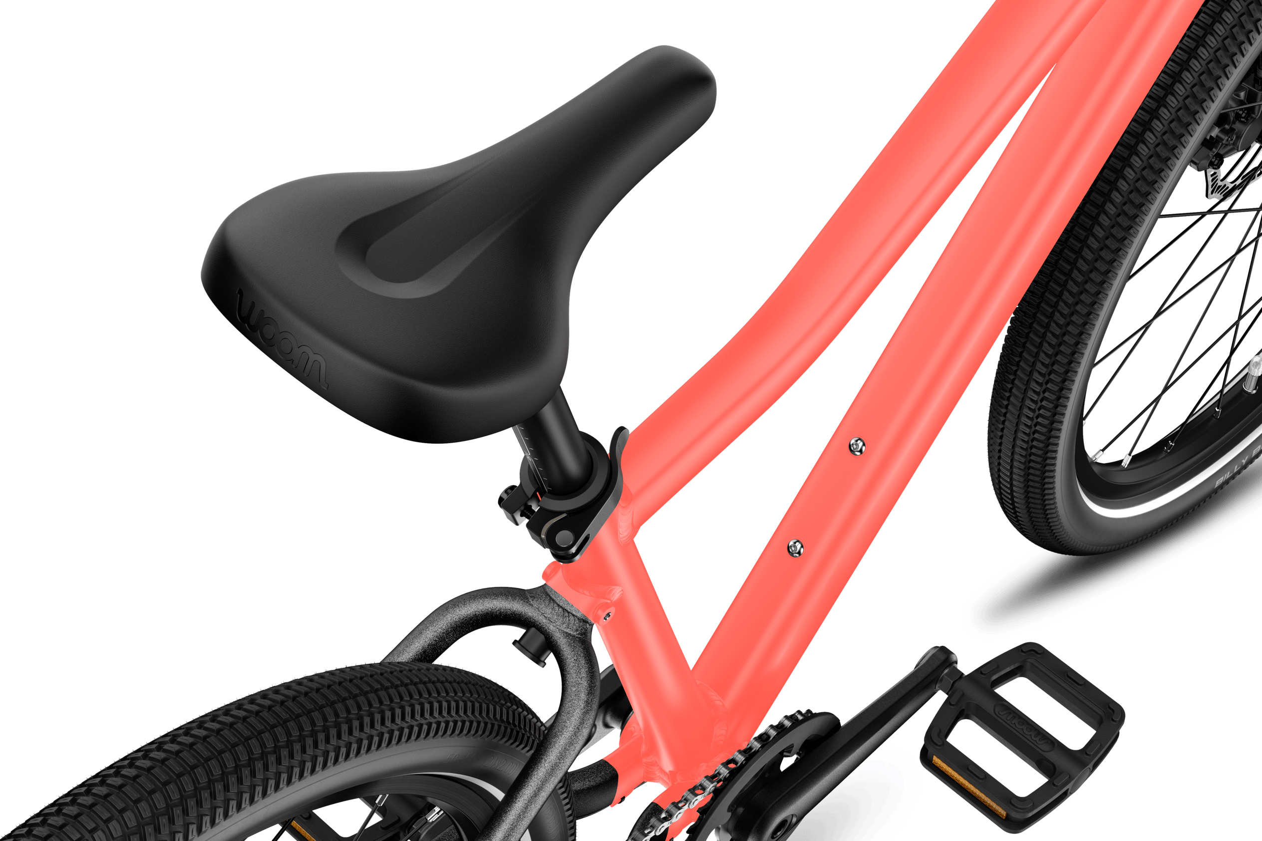 Detailed view of the black saddle on the woom EXPLORE 4 children's bike.