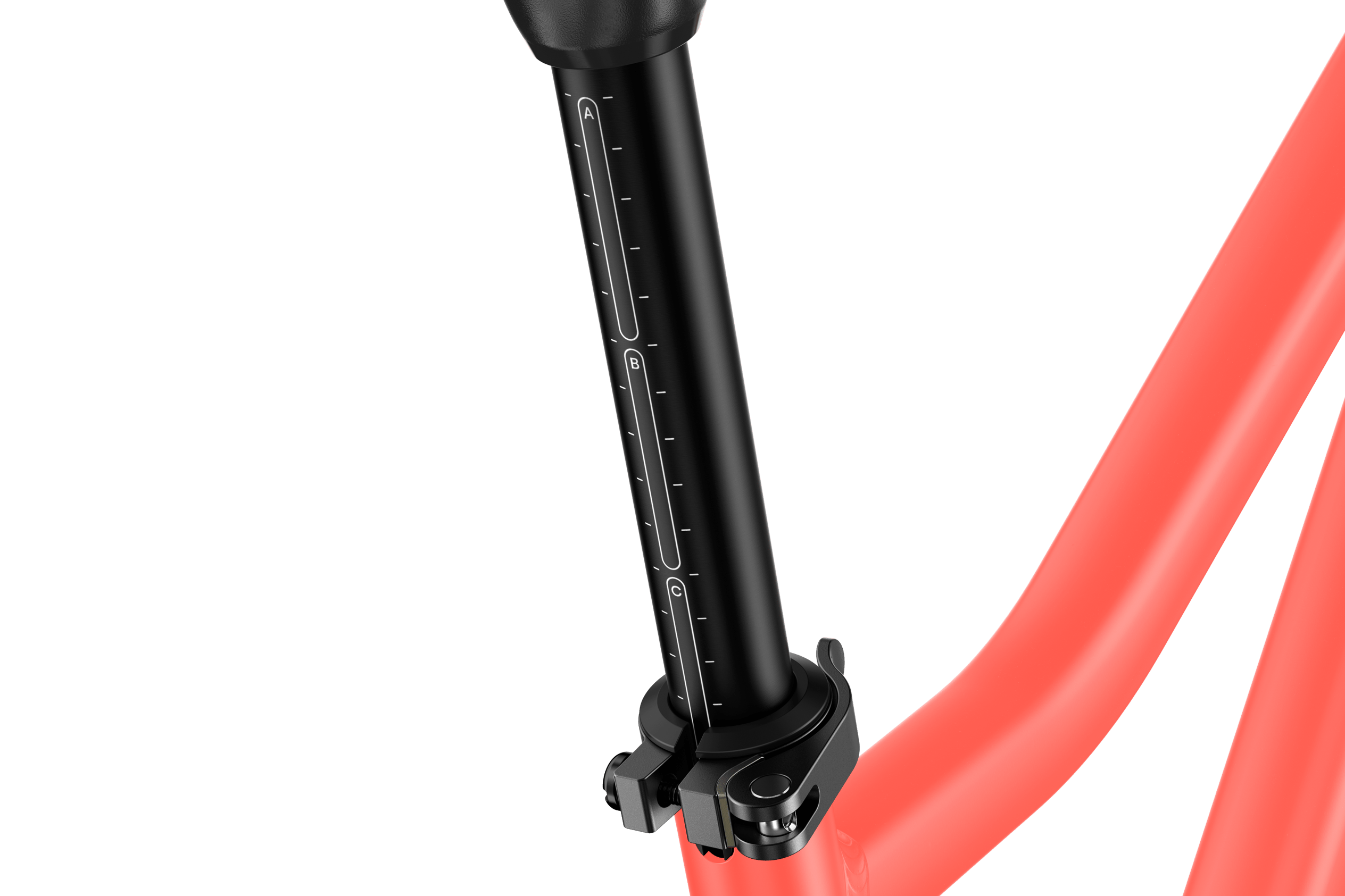 Detailed view of the ABC guide on the black seatpost on the woom EXPLORE 4 children's bike.