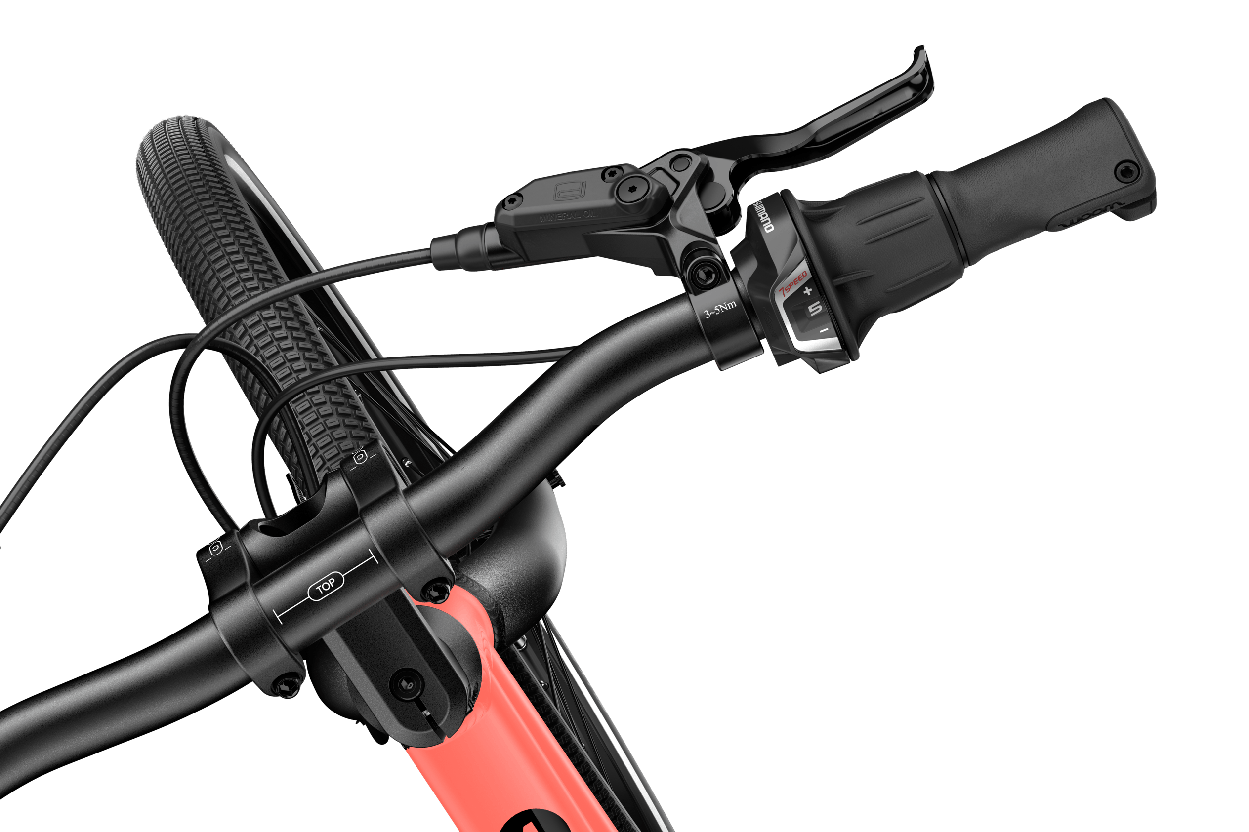Bird's-eye view of the right handlebar end on the woom EXPLORE 4 children's bike, including brake lever and twist shifter.