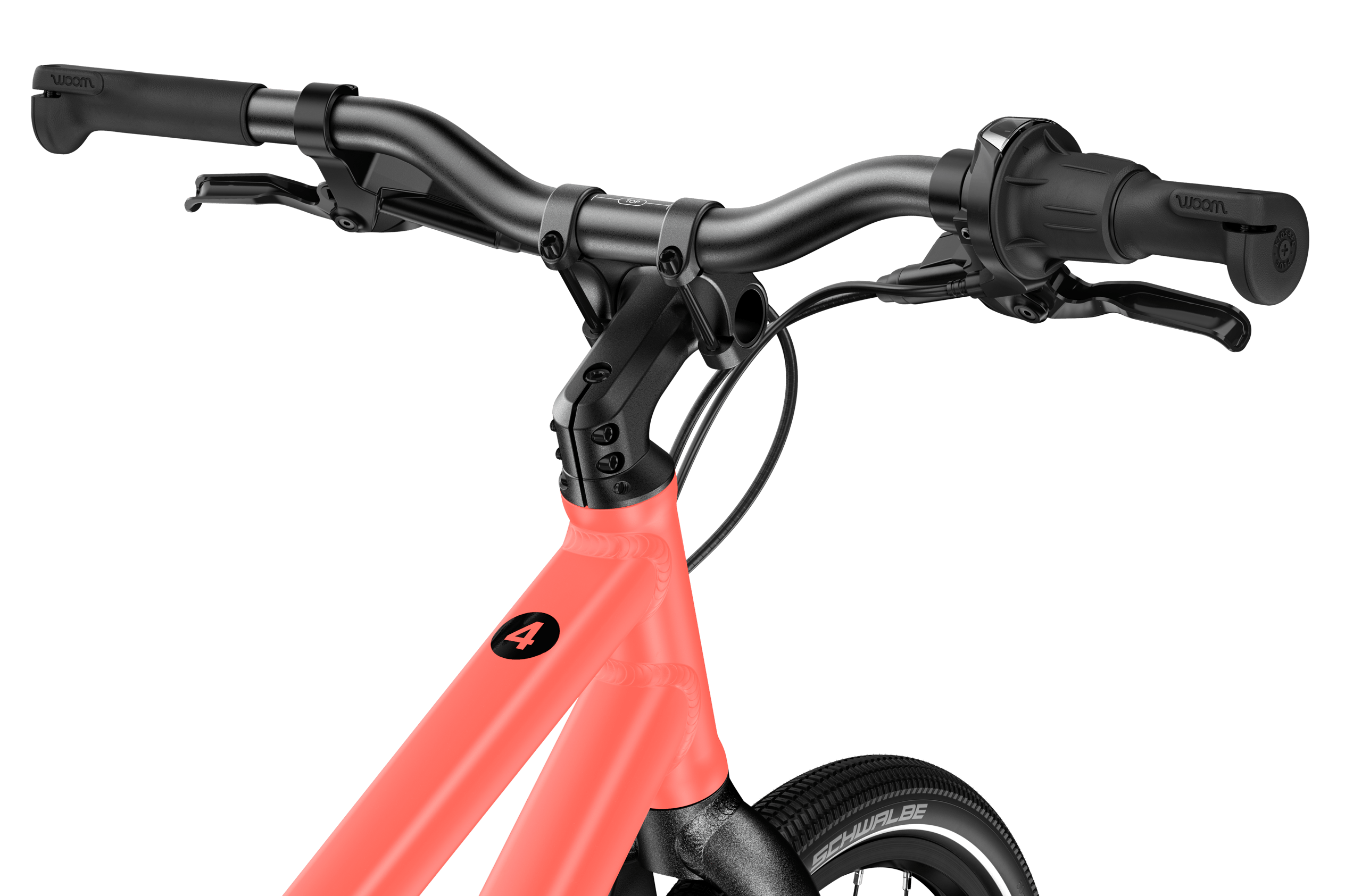 Detailed side view of the handlebars, stem, head tube and front wheel on the woom EXPLORE 4, from the saddle.