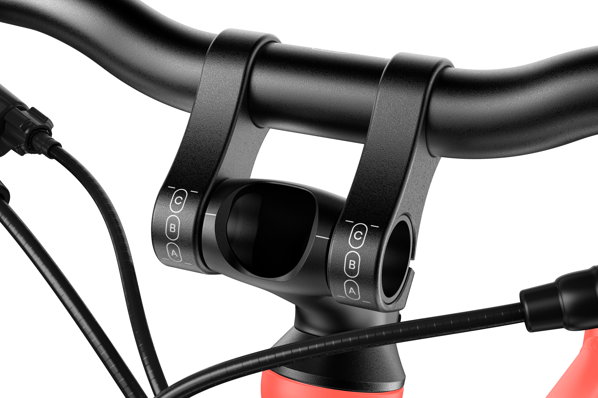 Detailed view of the ABC guide on the black stem on the woom EXPLORE 4 children's bike.