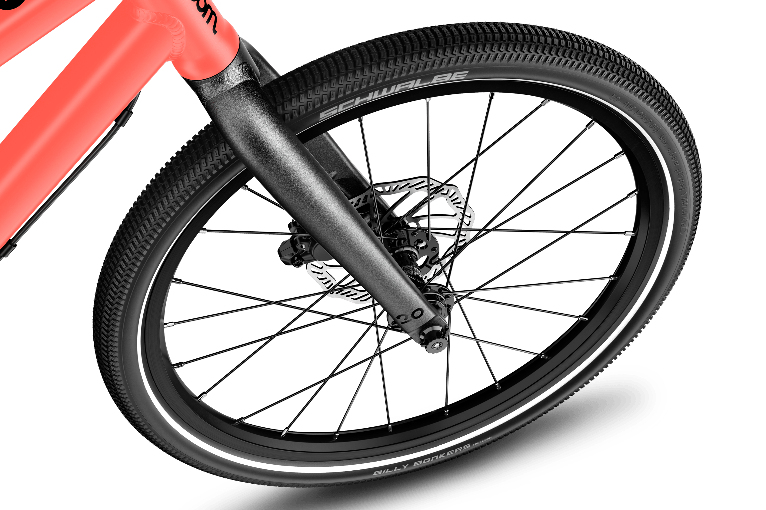 Detailed view of the 20” front wheel on the woom EXPLORE 4 children's bike.