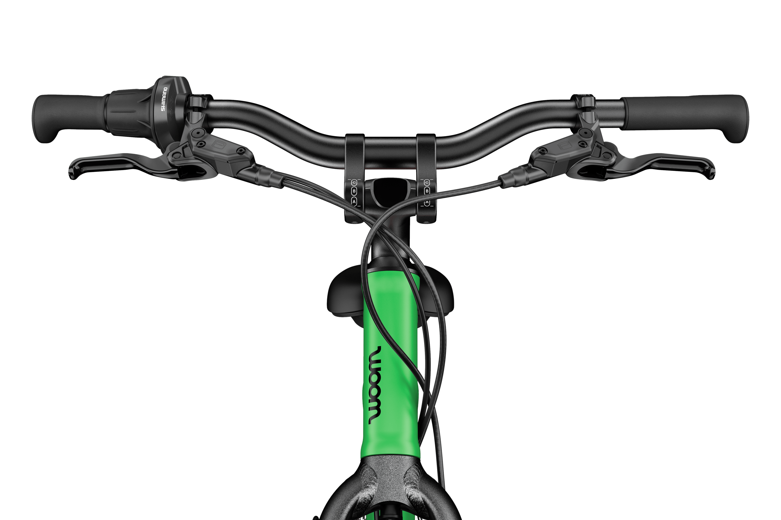 Front detailed view of the head tube, stem, handlebars and grips on the woom EXPLORE 4 children's bike.
