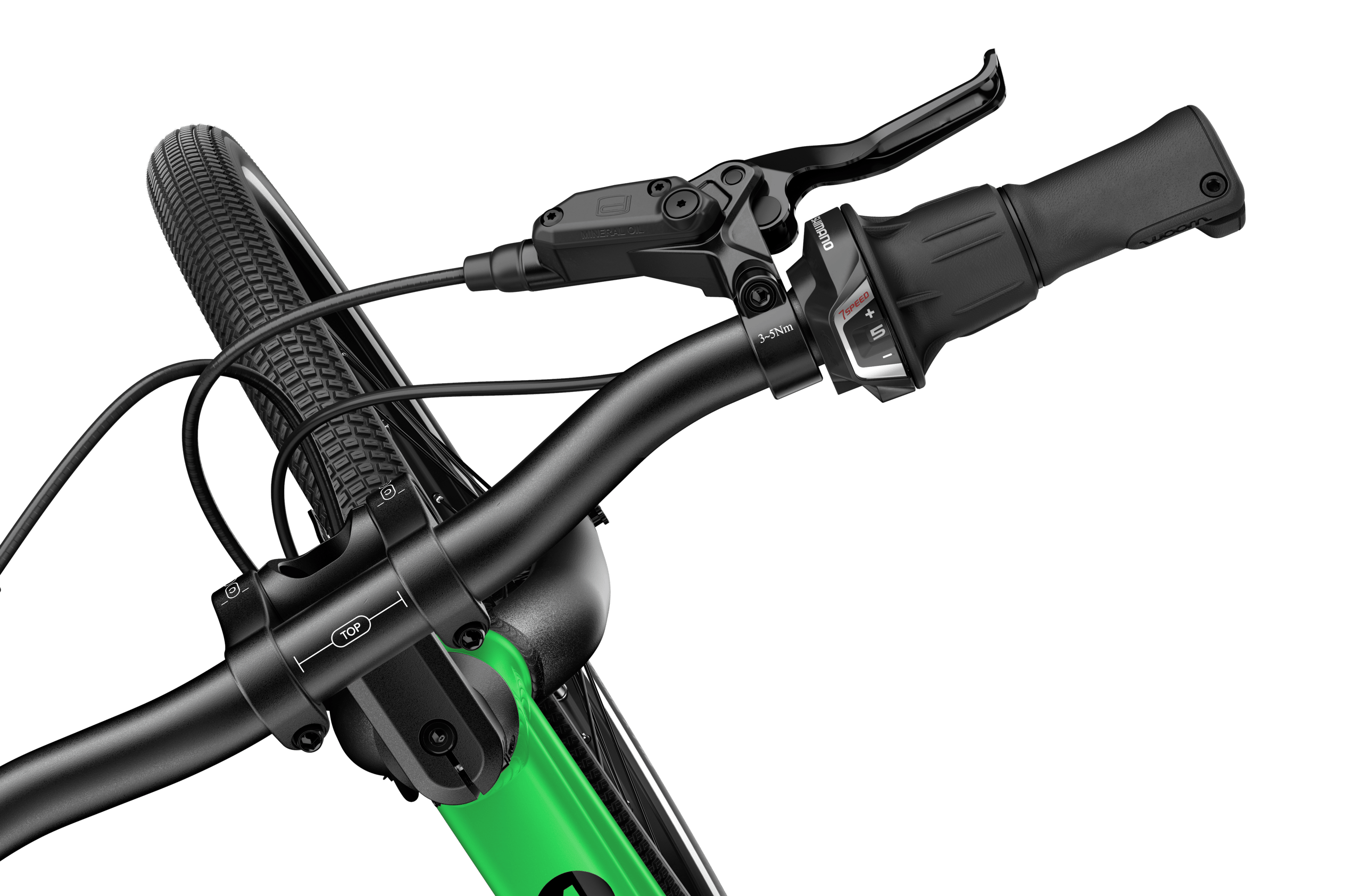 Bird's-eye view of the right handlebar end on the woom EXPLORE 4 children's bike, including brake lever and twist shifter.