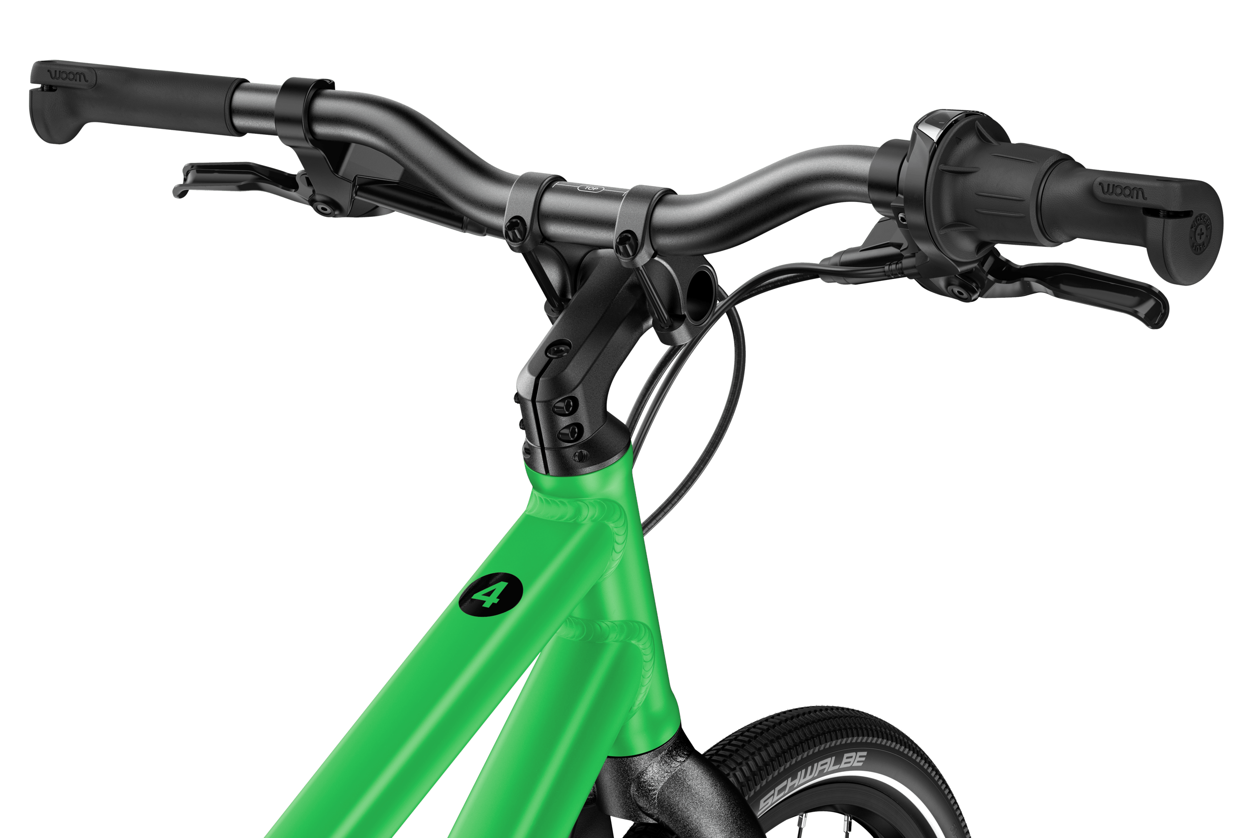 Detailed side view of the handlebars, stem, head tube and front wheel on the woom EXPLORE 4, from the saddle.