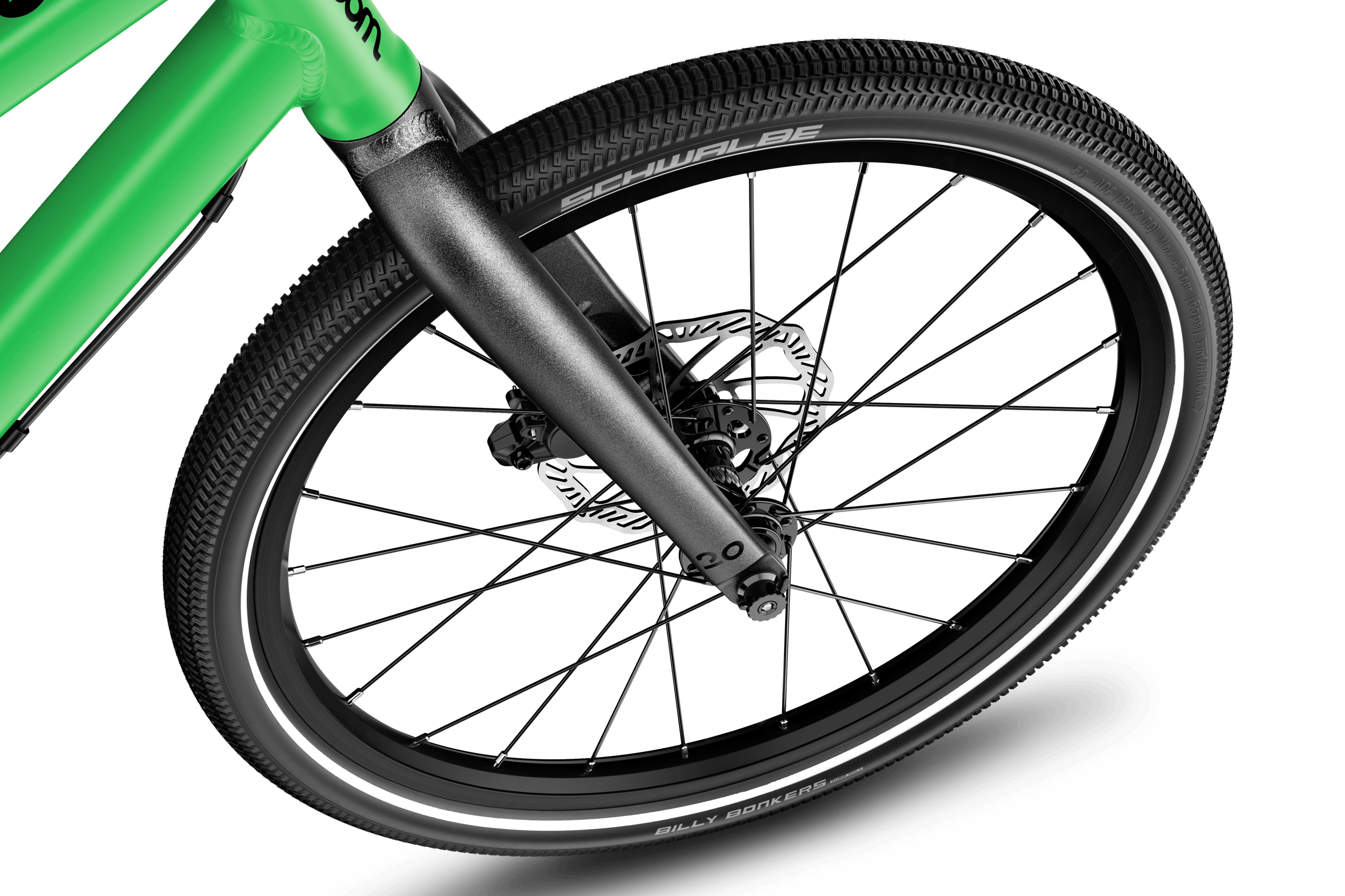 Detailed view of the 20” front wheel on the woom EXPLORE 4 children's bike.