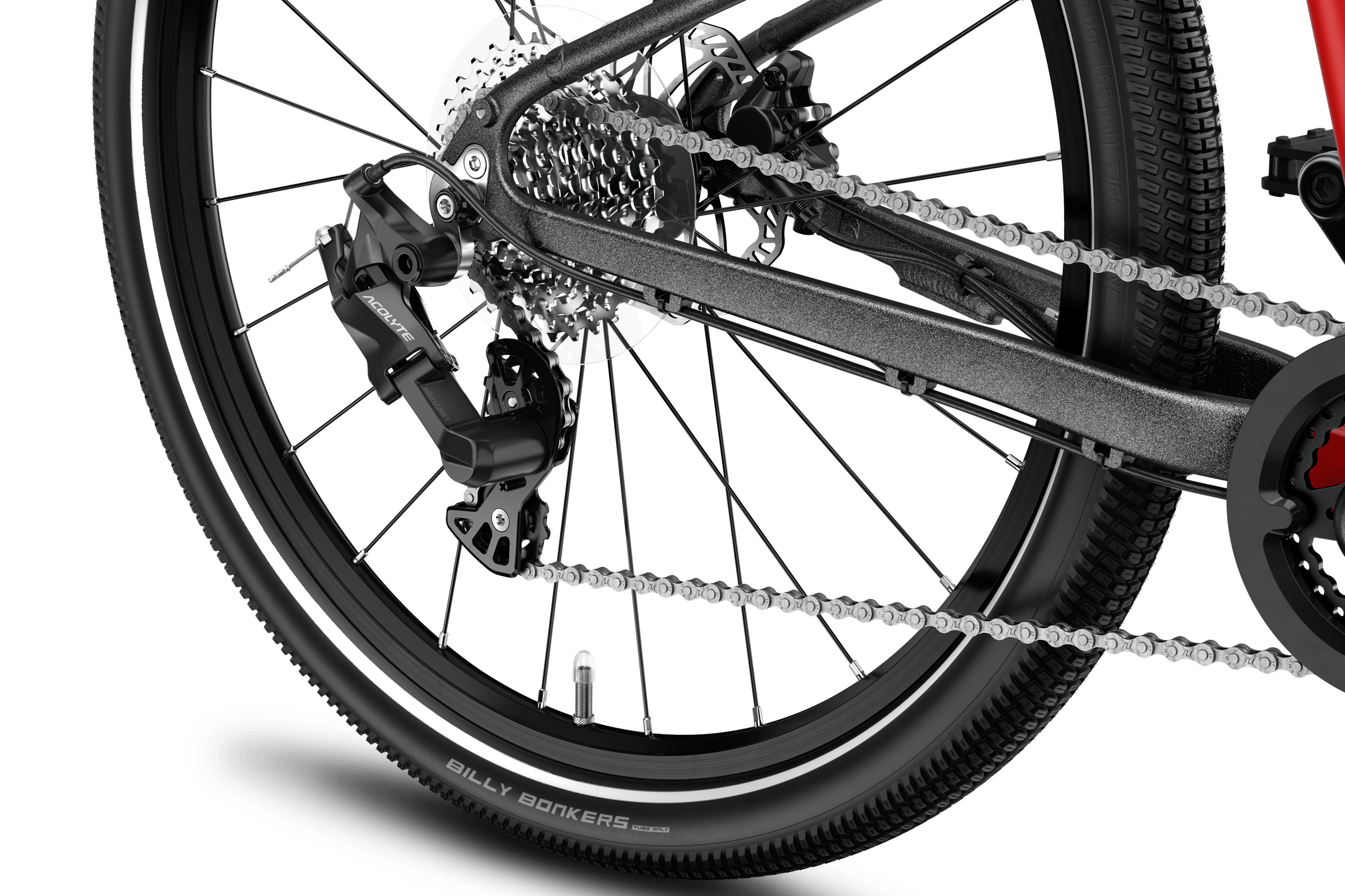 Detailed view of the back wheel on the woom EXPLORE 5 children's bike, including cassette and microSHIFT rear derailleur.