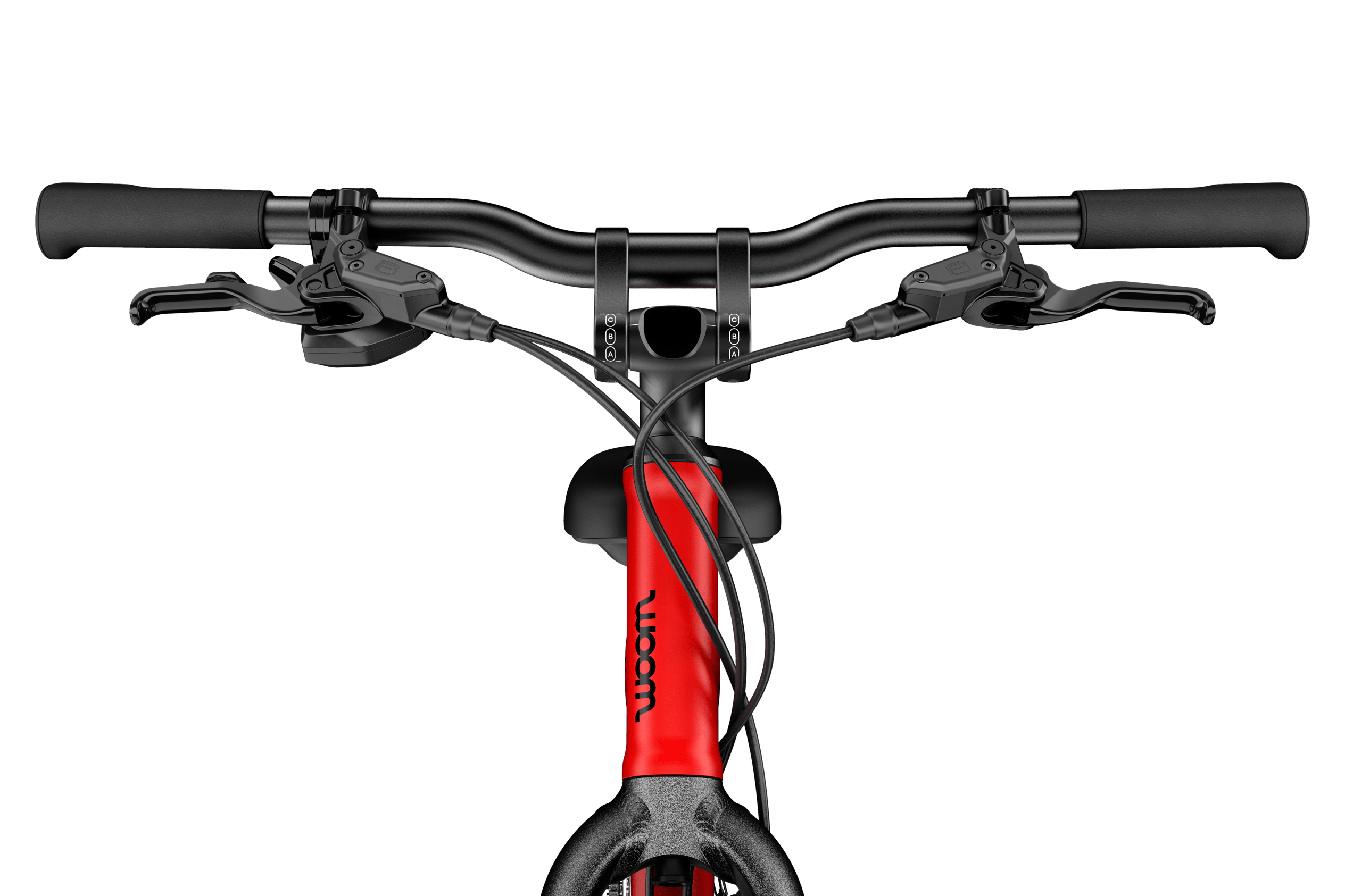 Front detailed view of the head tube, stem, handlebars and grips on the woom EXPLORE 5 children's bike.