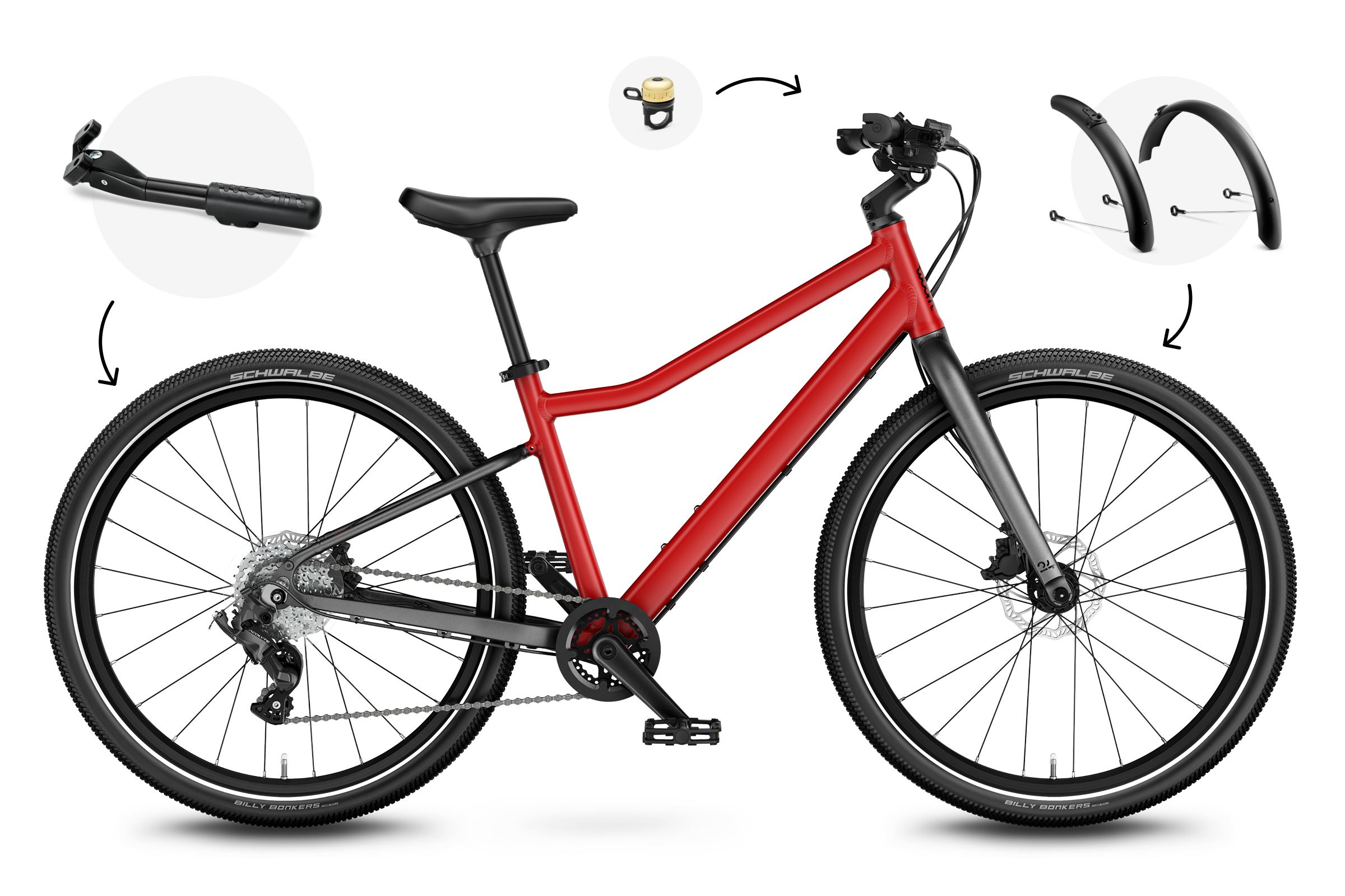 Side front view of the woom EXPLORE 5 bike for children aged 7 years and up.