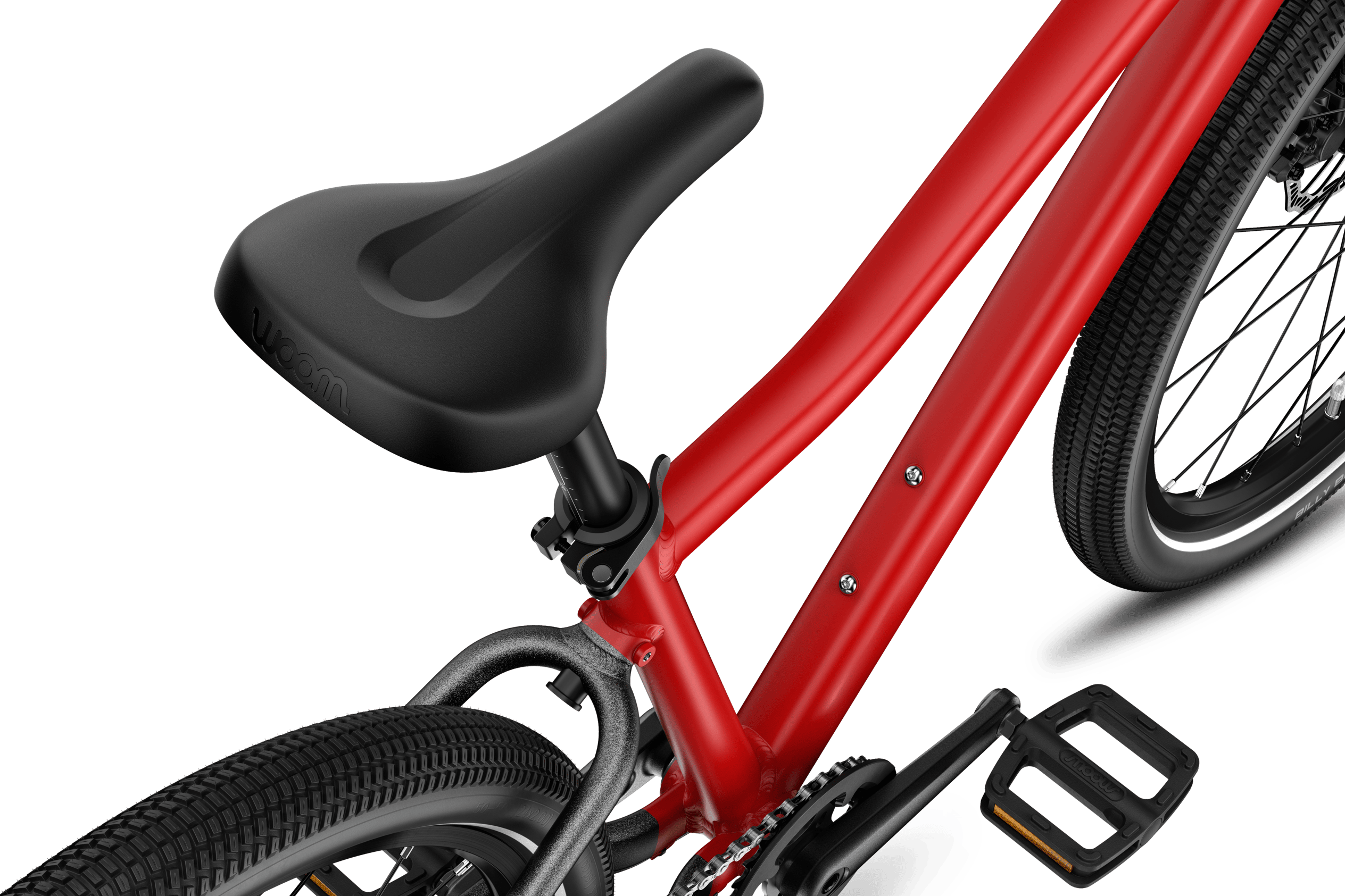 Detailed view of the black saddle on the woom EXPLORE 5 children's bike.