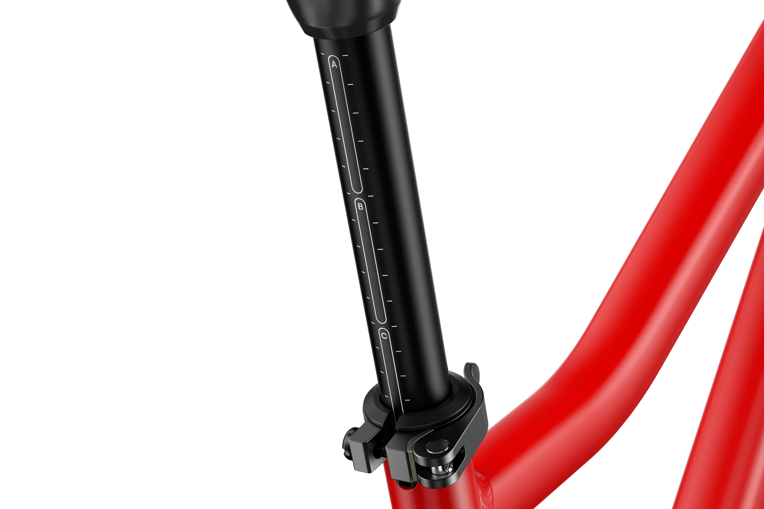 Detailed view of the ABC guide on the black seatpost on the woom EXPLORE 5 children's bike.