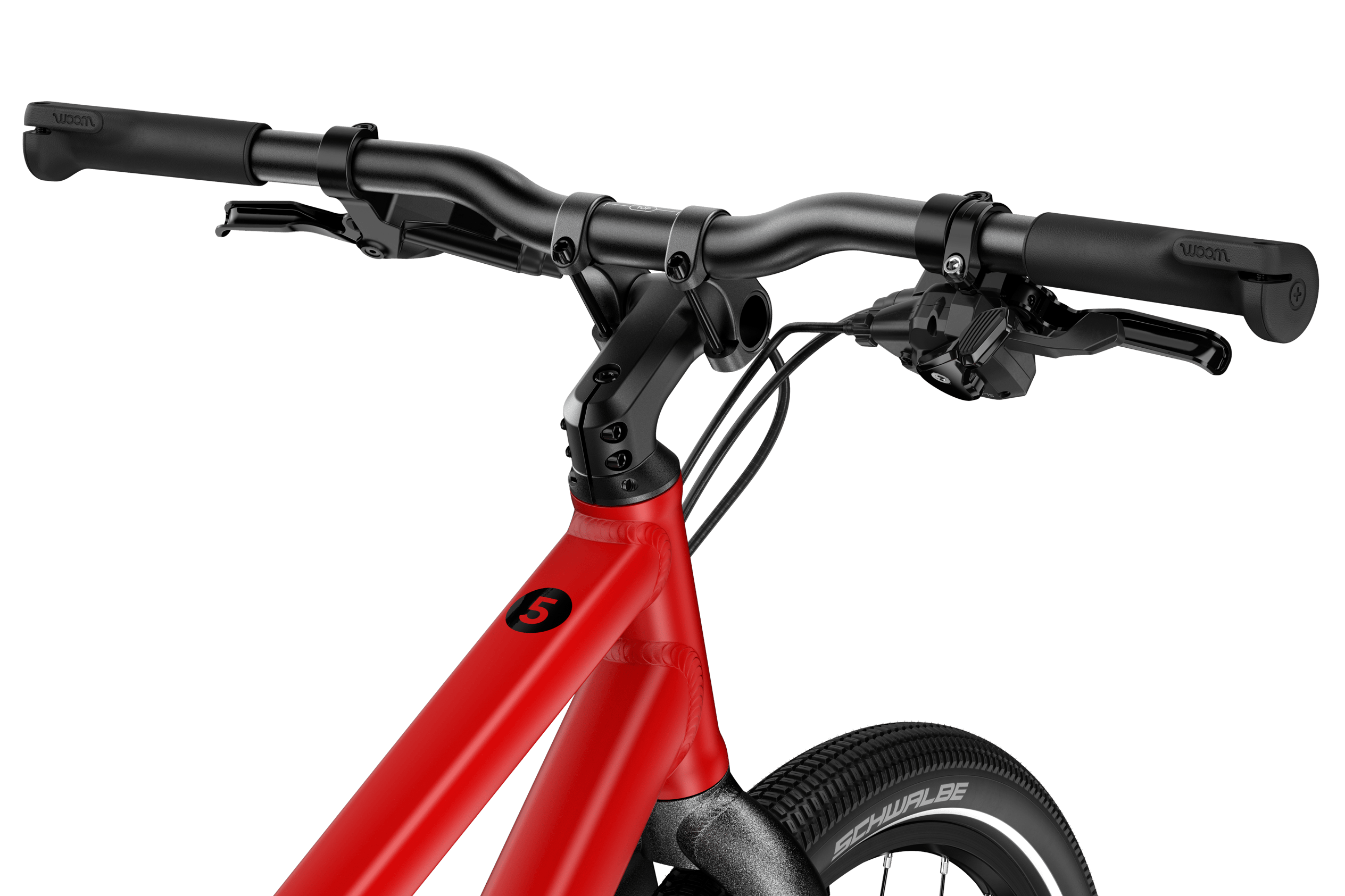 Detailed side view of the handlebars, stem, head tube and front wheel on the woom EXPLORE 5, from the saddle.