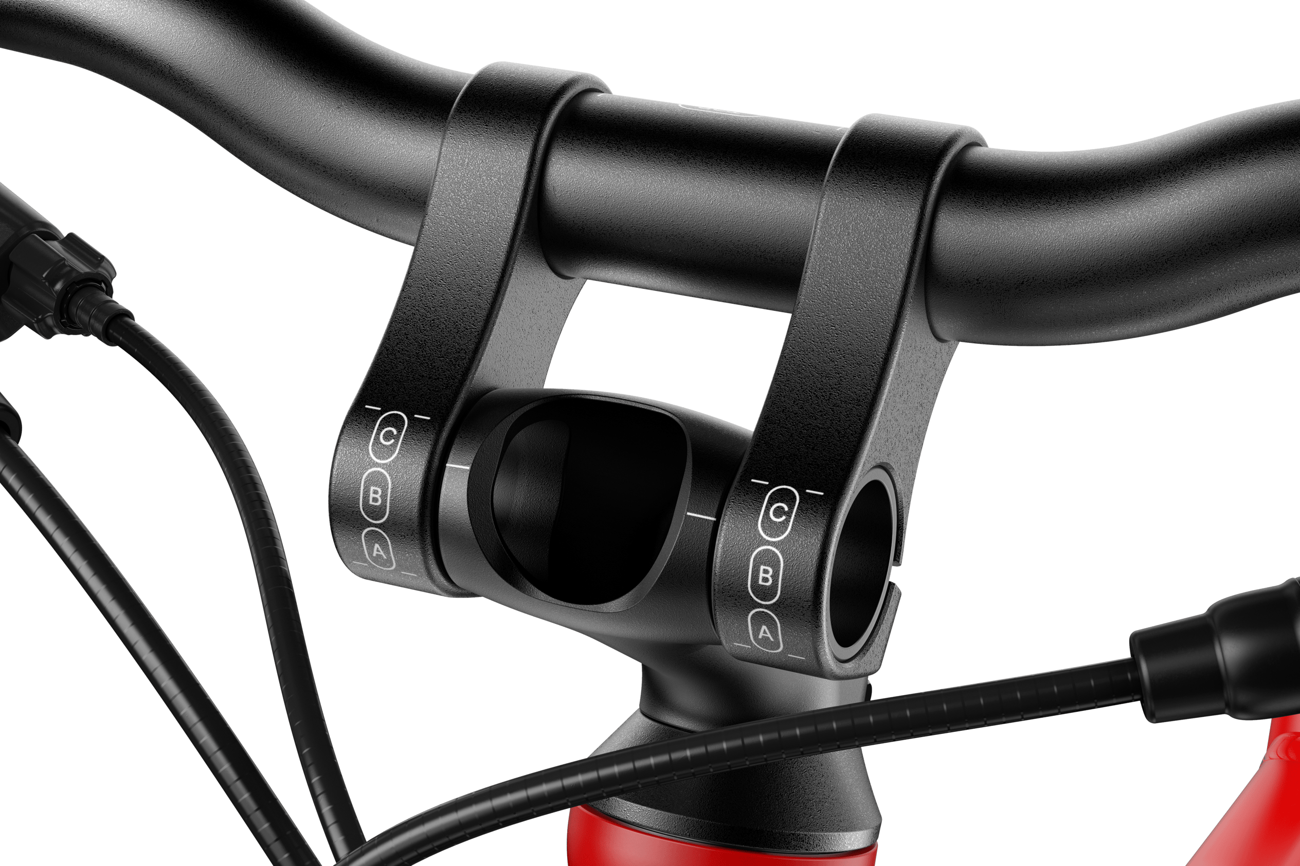 Detailed view of the ABC guide on the black stem on the woom EXPLORE 5 children's bike.