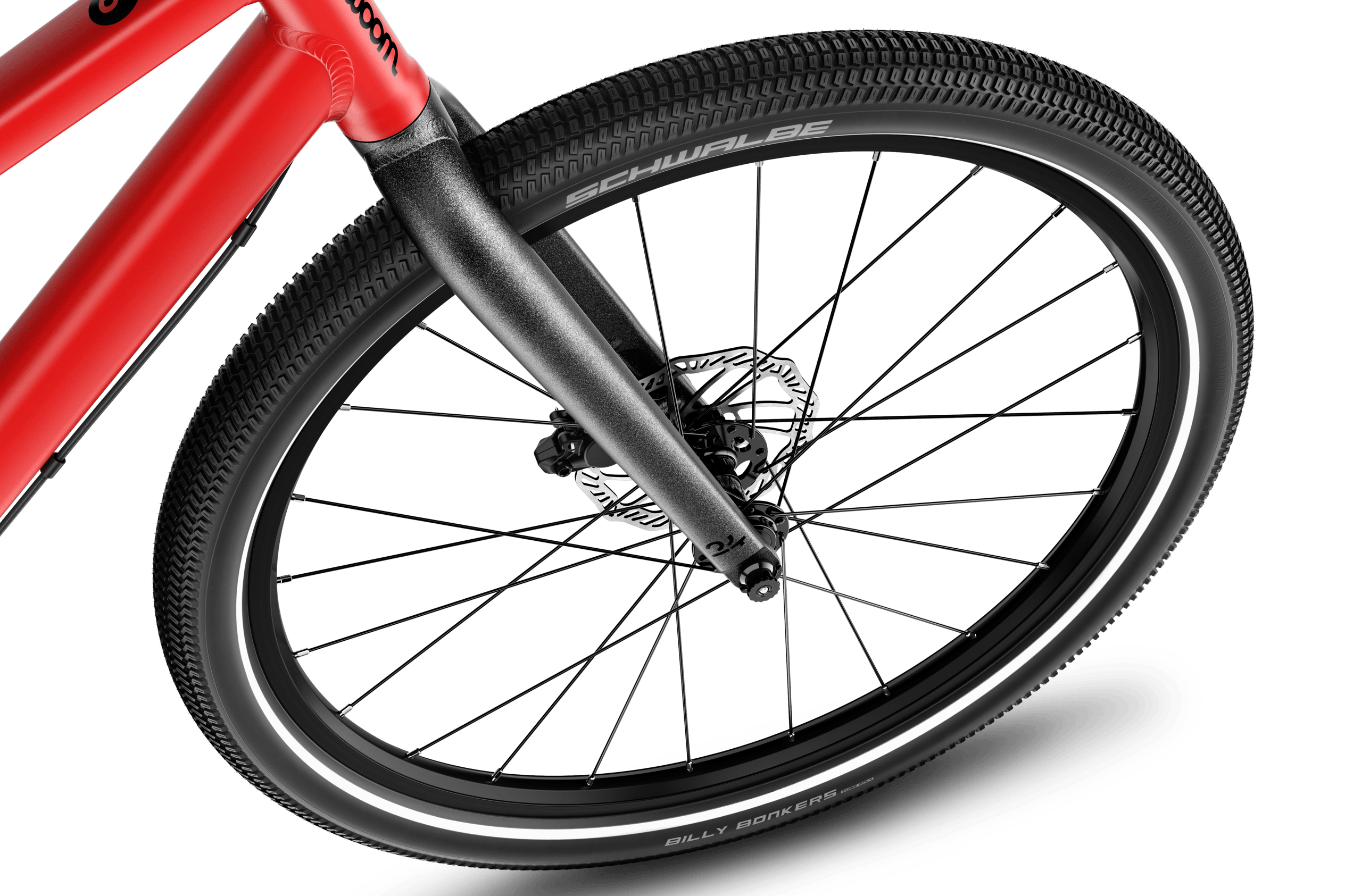 Detailed view of the 24” front wheel on the woom EXPLORE 5 children's bike.