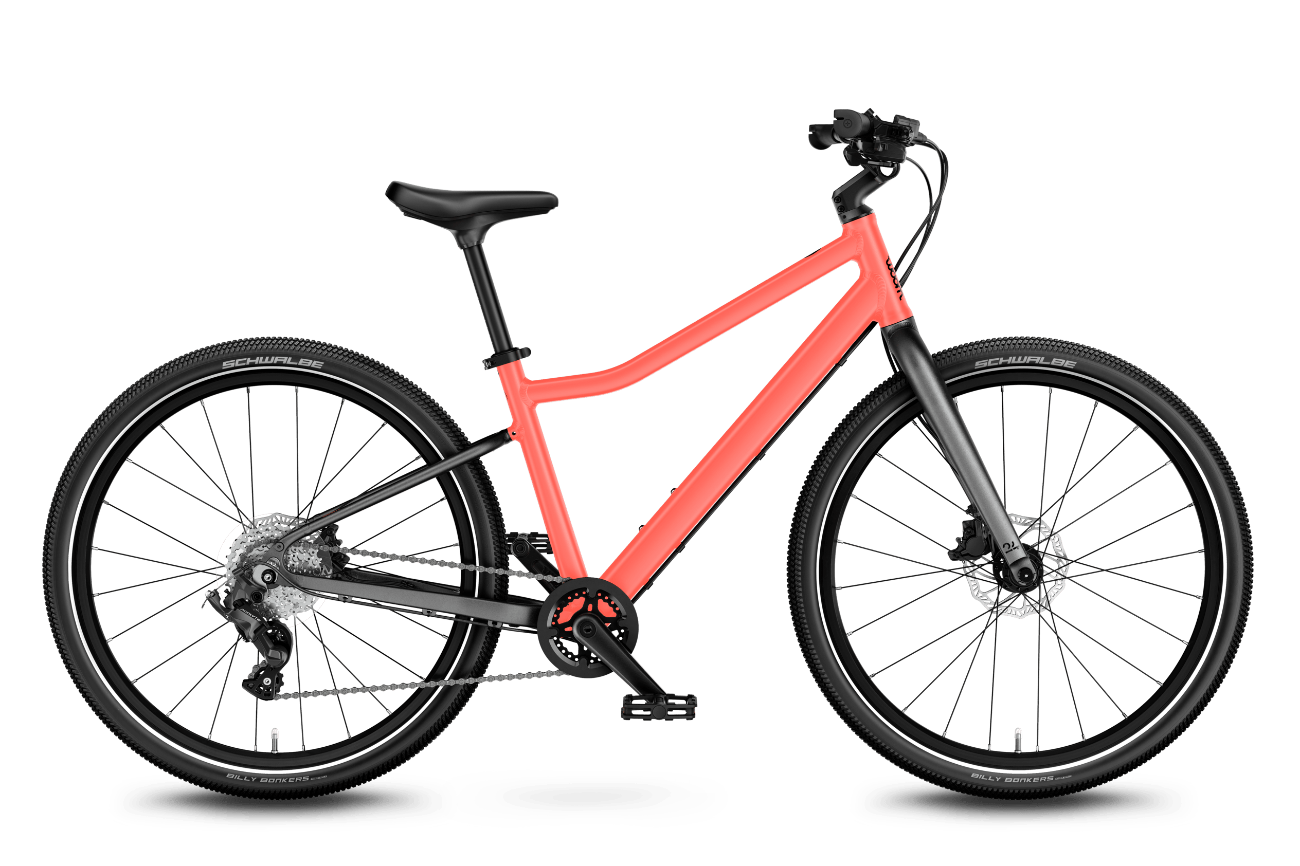 Vue latérale de face du vélo enfant woom EXPLORE 5 pour les enfants à partir de sept ans.